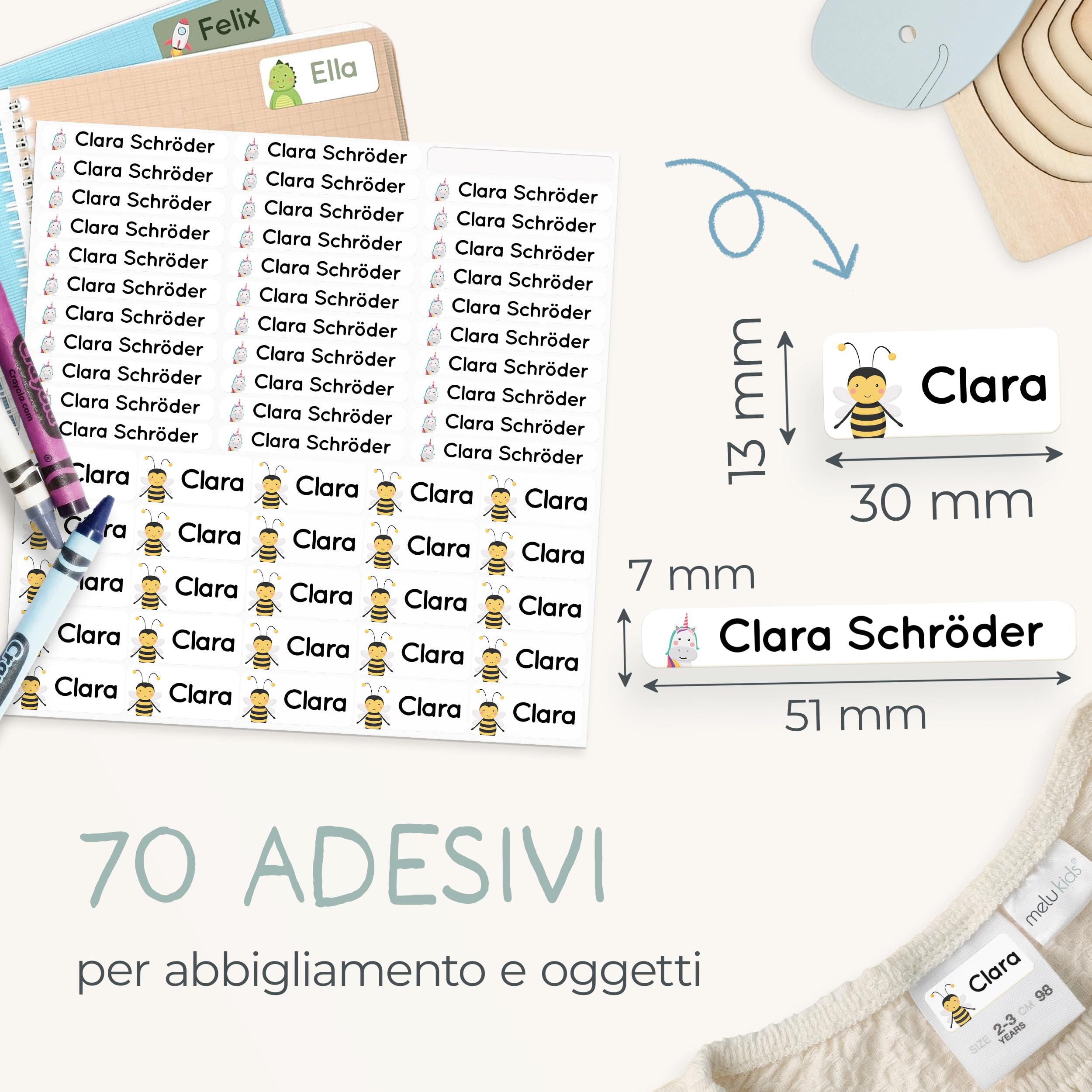 Etichette Adesive Personalizzate Per Bambini Melu Kids - 50 Pezzi, Lavabili, No Stiratura - Foto 3