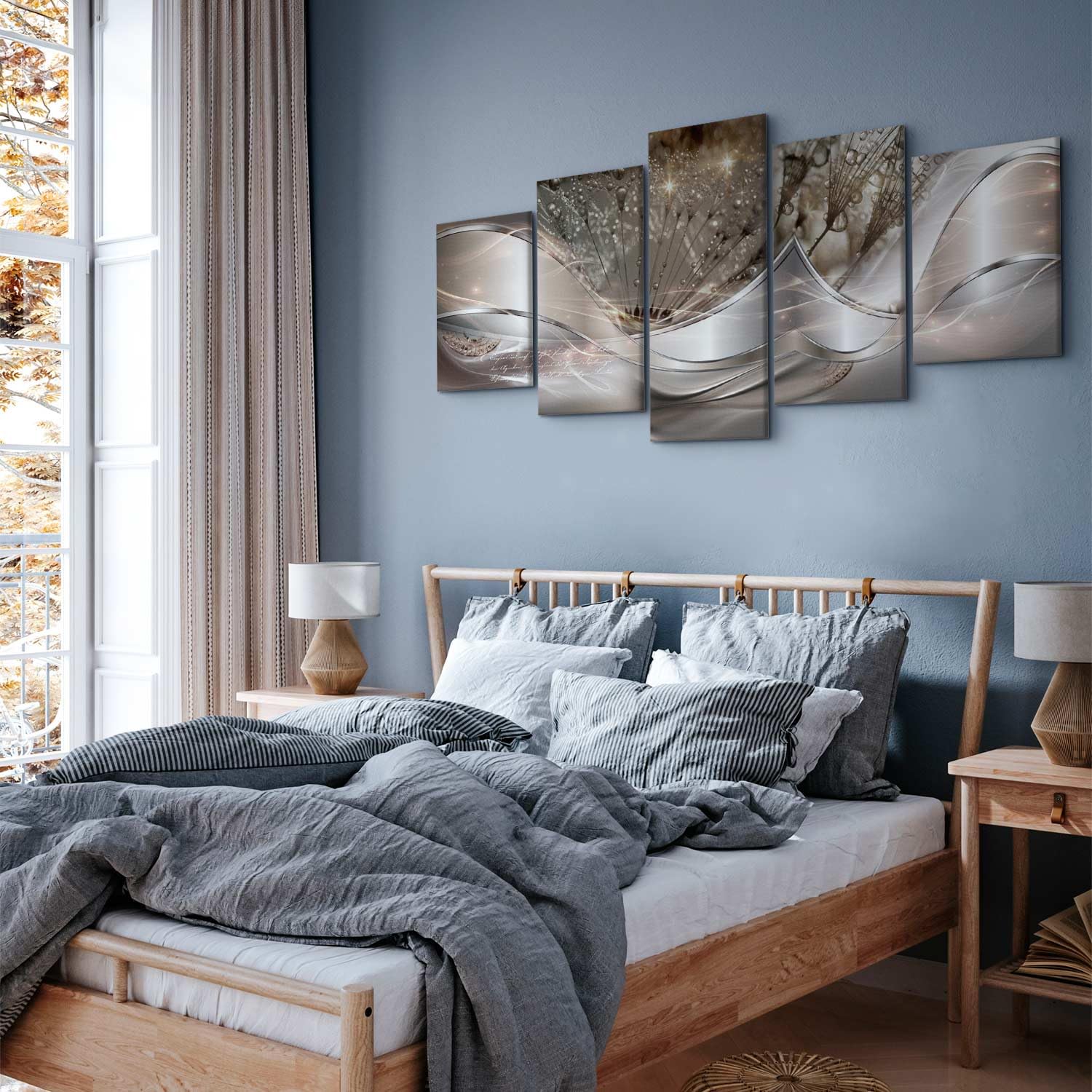 murando - Quadro Grande Astratto Fiori 200x100 cm 5 Pezzi Stampa su Tela - Quadri Moderni per Soggiorno Grandi - Decorazione da Parete Elegante Casa - Soffione Grigio Argento Astratta a-C-0087-b-n
