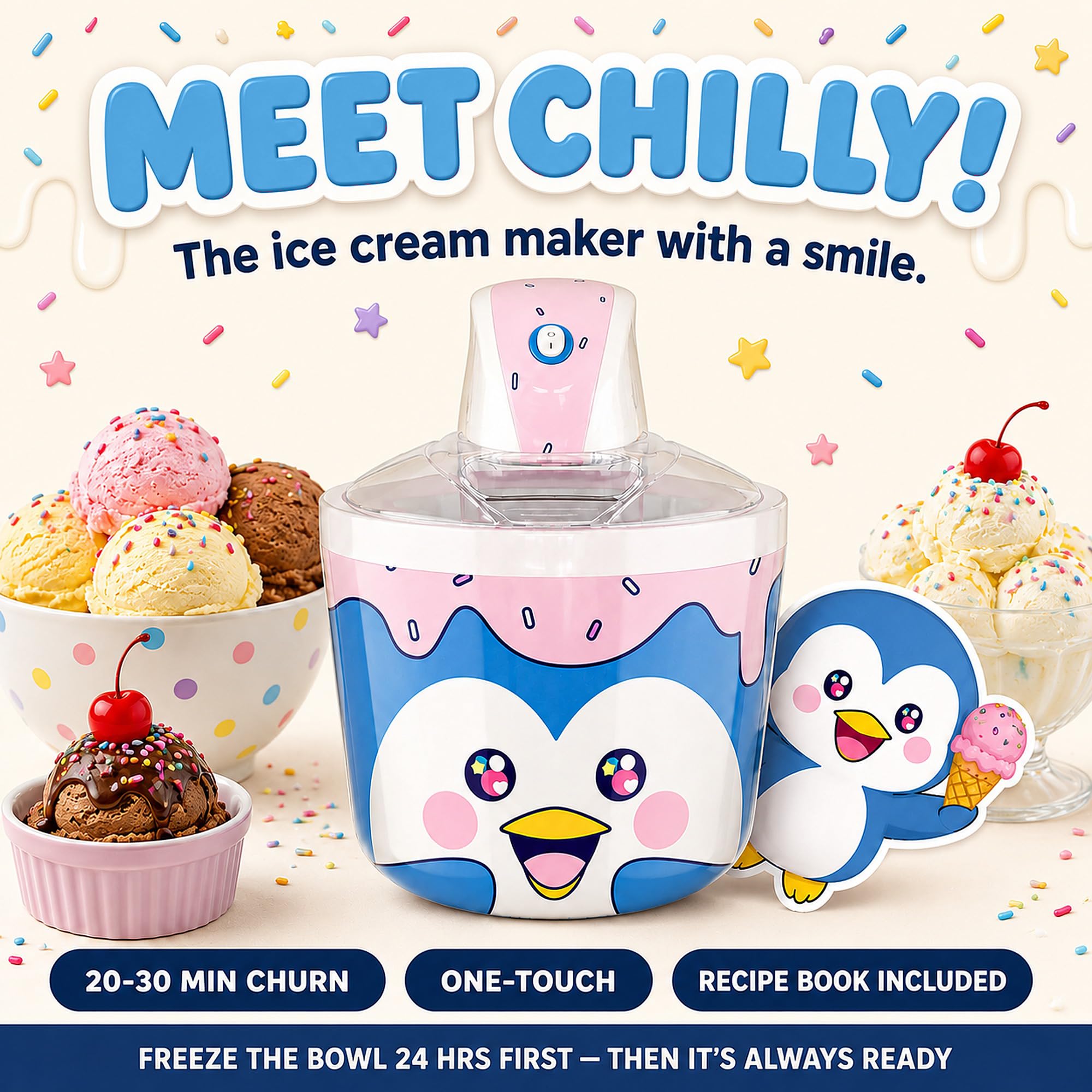 Máquina para hacer helados para niños, 1.2 cuartos de galón, máquinas eléctricas de helado de pingüino, la mejor máquina de encimera para helado casero, servicio suave, sorbete, gelatina, yogur
