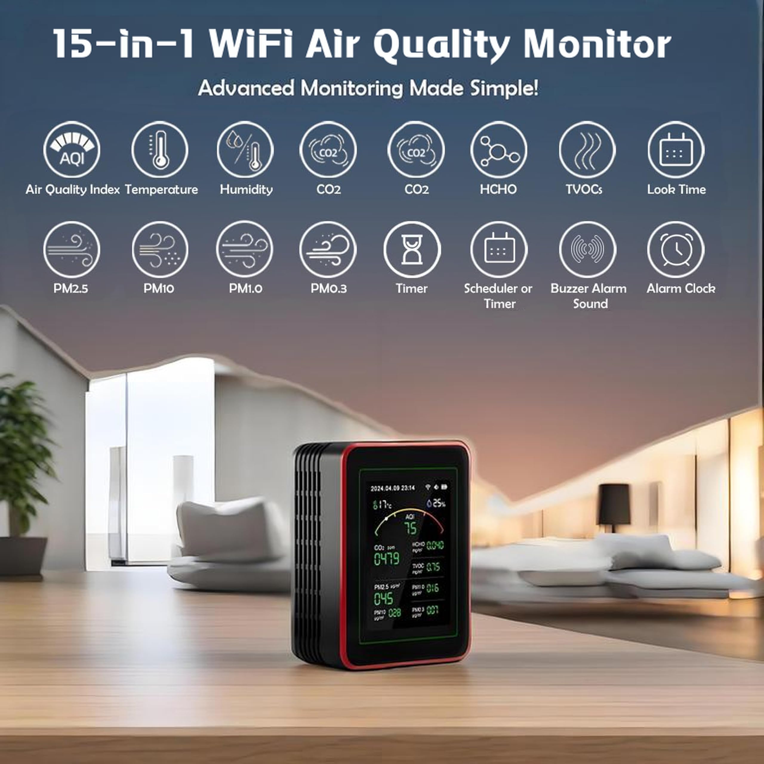 Monitor de calidad del aire Wi-Fi: Detector 15 en 1 que detecta PM, CO2, TVOC, HCHO, PM, AQI, temperatura y humedad. Monitor de CO2 con control remoto mediante aplicación