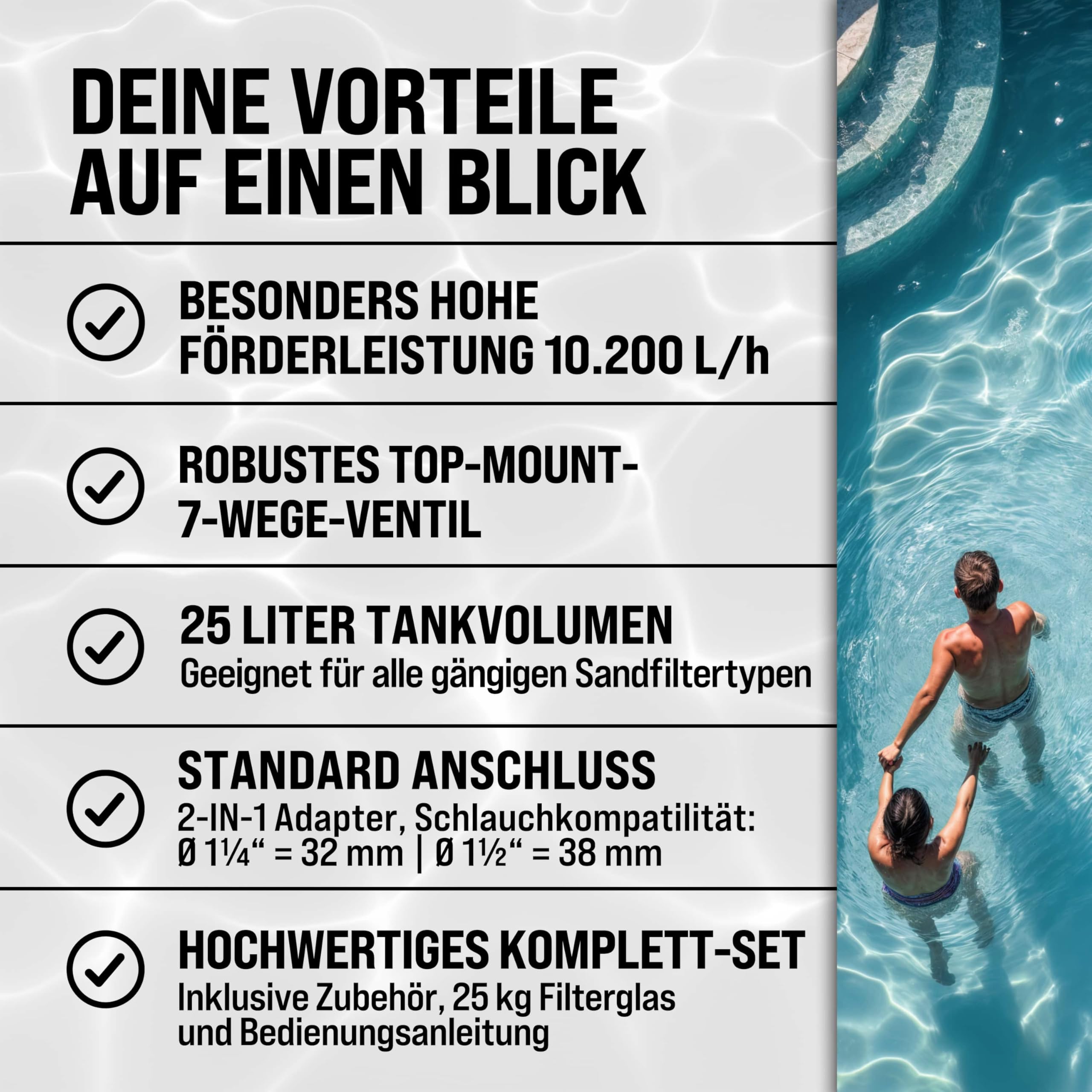 MONZANA® Filtro Acqua per Piscina SF12K 10.200 L/h Fino a 35.000L Vetro Filtrante Incl. Valvola a 7 Vie Adattatore 2in1 Ø32-38mm Pompa di Filtraggio 450W Filtri Piscine Fuori Terra Pompe Filtranti