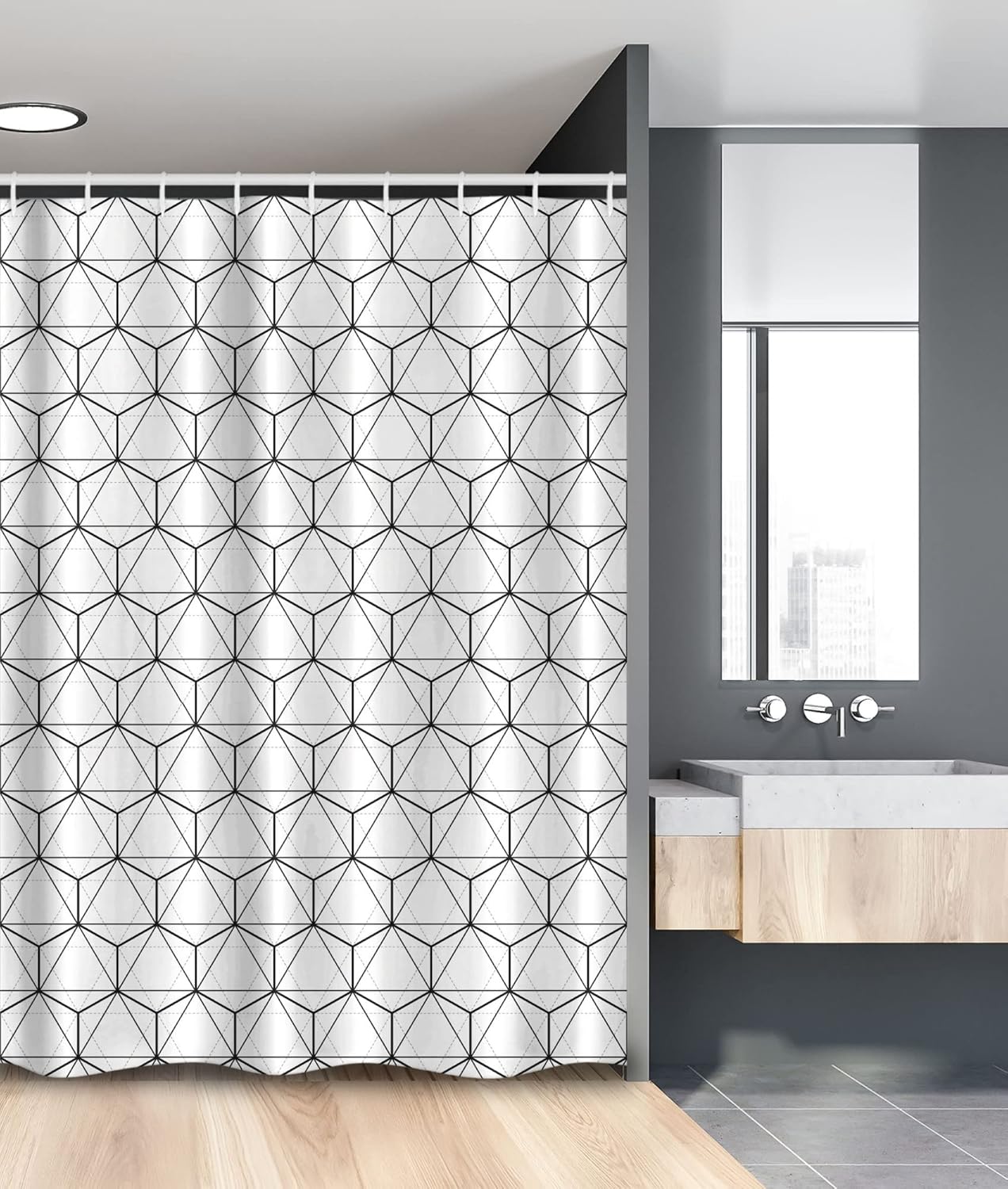 Ambesonne Geometric Stall Shower Curtain, Abstract Lines Charcoal Grey Colored Striped Image with Hexagonal Design, Fabric Bathroom Decor Set with Hooks, 54" W x 78" L, Black and White