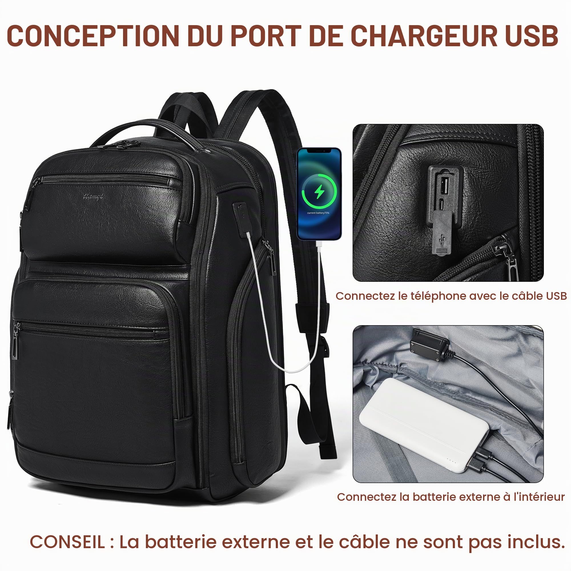 Sac à Dos en Cuir Végan Homme et Femme, 40L Extensible, Bagage Cabine pour Ordinateur 17 Pouces avec Port USB et Sangle Valise, Design Élégant, Black
