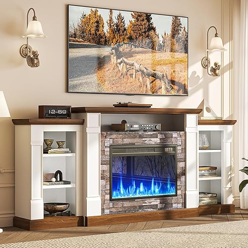 oneinmil 70" Fireplace TV Stand, Electric Fireplace with Mantel, Modern Entertainment Center with Open Storage, Remote Control, Adjustable Flame, Fire Place TV Stand for Living Room, Bedroom