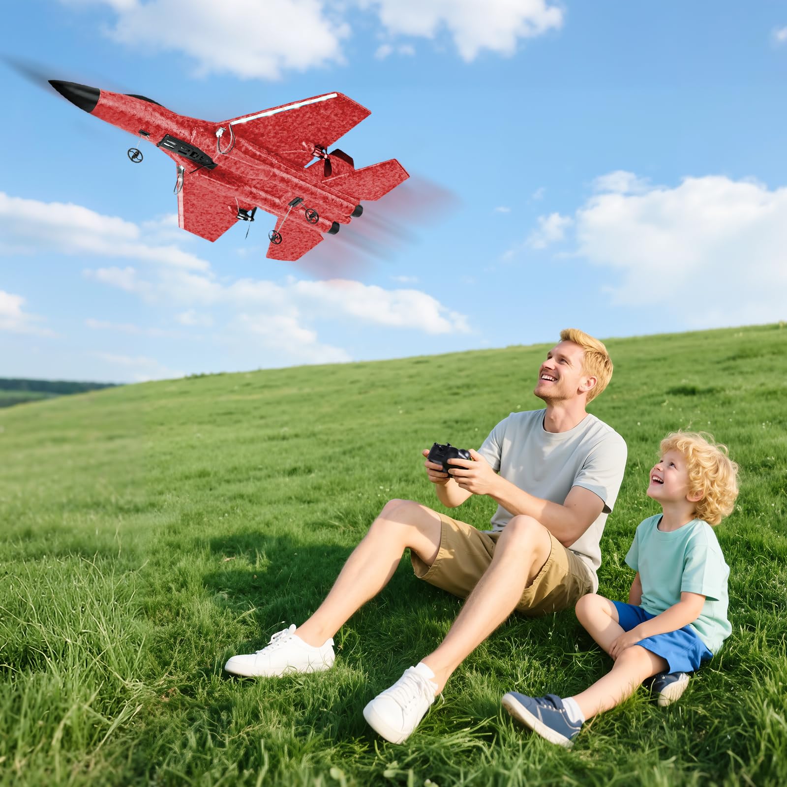 Avion RC 2,4 GHz Télécommandé avec Gyro 3 Axes, Avion de Combat en Mousse 2 Canaux, 2 Batteries LED, Rouge