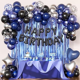 Navy Blue and Black Birthday Decorations for Men, Metallic Navy Blue Black Silver Foil Confetti Balloons Happy Birthday Banner Fringe Curtains Birthday Decorations for Boy Girls Women Men