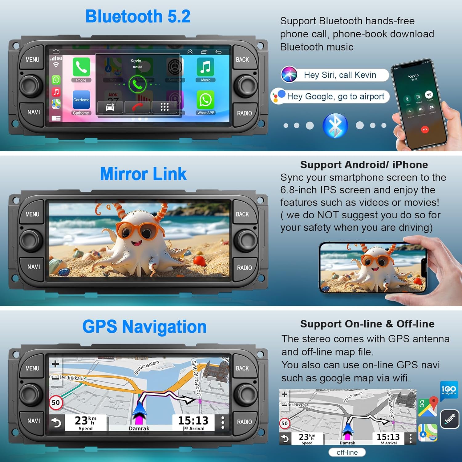 Android 13 Car Radio Stereo for Dodge Ram 2002 2003 2004 2005 2006 with Wireless CarPlay & Android Auto, 4GB RAM 64GB ROM 6.8" QLED Touchscreen, GPS Navigation, Backup Camera, DSP and FM Radio