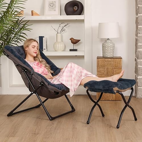 Miniatura 5 de Cómoda silla platillo para adultos, silla de dormitorio de piel sintética suave con otomana, sillas de dormitorio decorativas, sillas de lectura