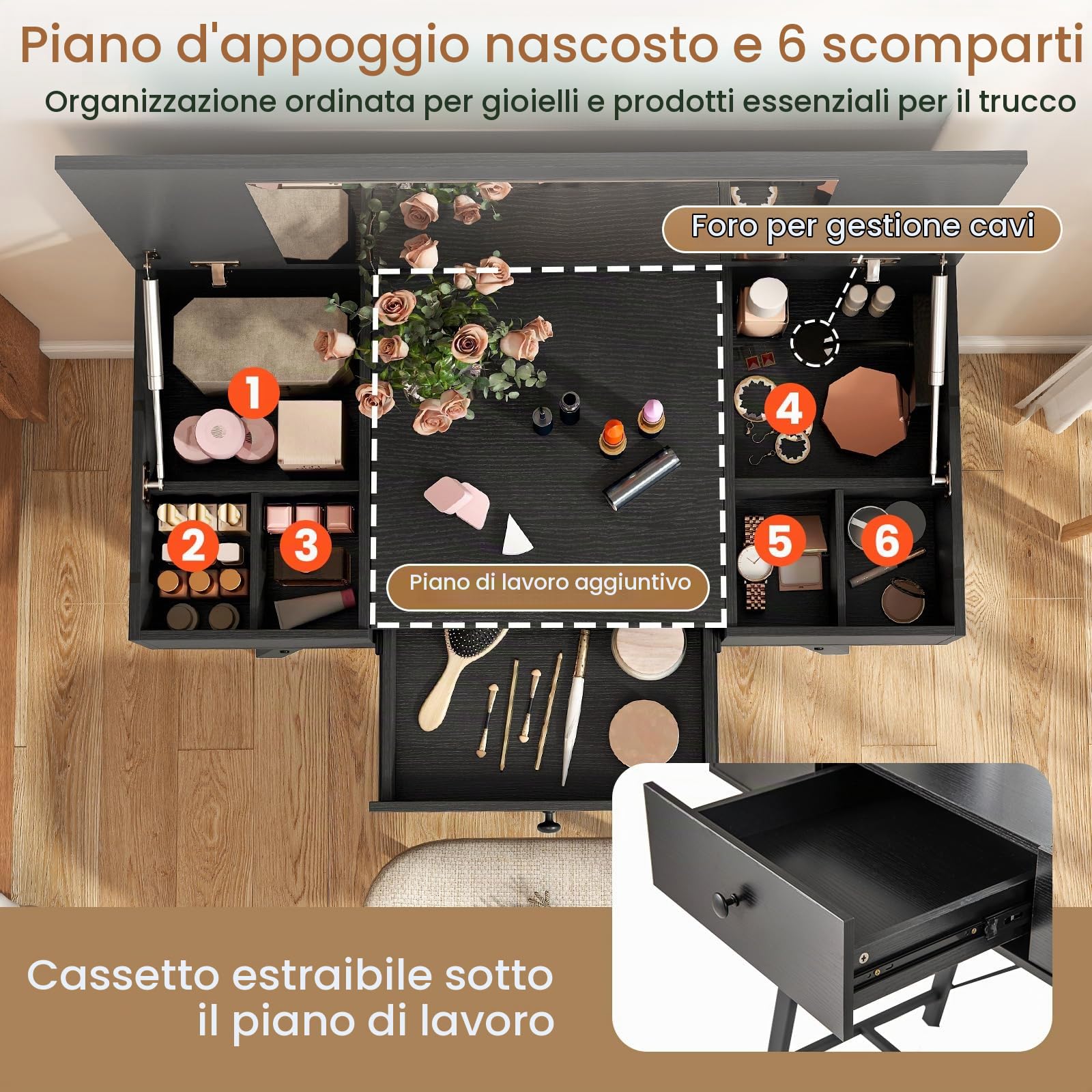 GIANTEX Tavolo da trucco con specchio pieghevole, con stazione di ricarica, cassetto, 6 scomparti per riporre oggetti, vassoio nascosto, scrivania da toeletta 2 in 1, per camera da letto, studio (nero