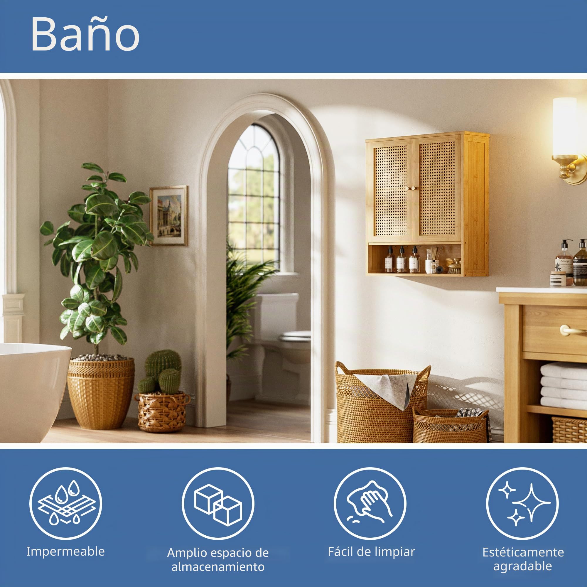 HITNET Armario Baño Pared en Ratán, Mueble Colgante de Bambú, Gabinete de Almacenamiento Suspendido con Doble Puerta y Estantes Ajustables, para Salón, Pasillo y Cocina, Color Natural