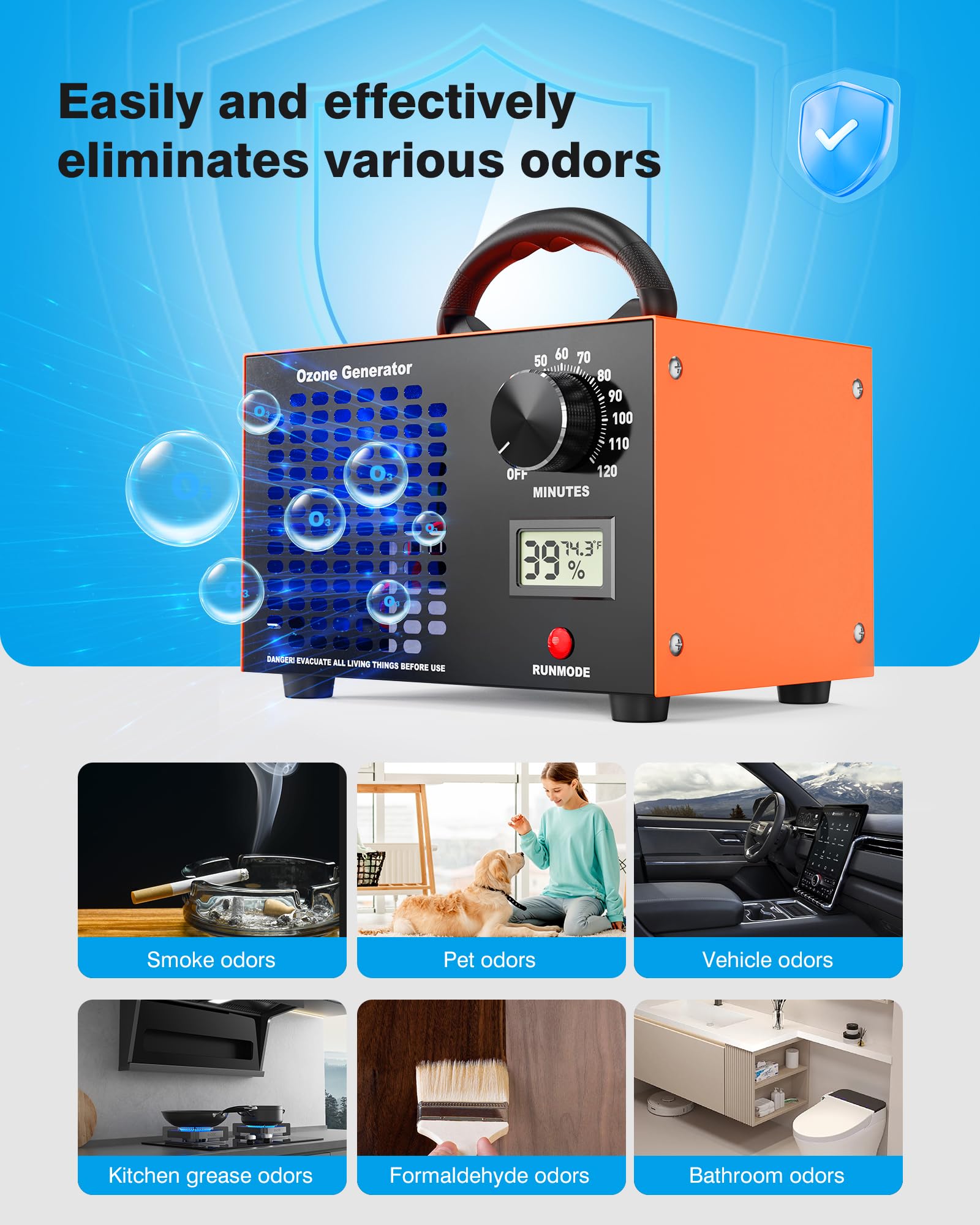 Generador de ozono de 60000 mg/H con pantalla de temperatura/humedad, temporizador de 120 minutos, purificador de aire ionizador O3 para espacios grandes (5000 pies cuadrados), máquina de ozono 3