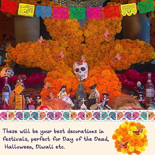 Miniatura 7 de Kigley Juego de 121 piezas de decoración del Día de los Muertos, flores de caléndula artificiales, kit de decoración de mariposa monarca para fiesta