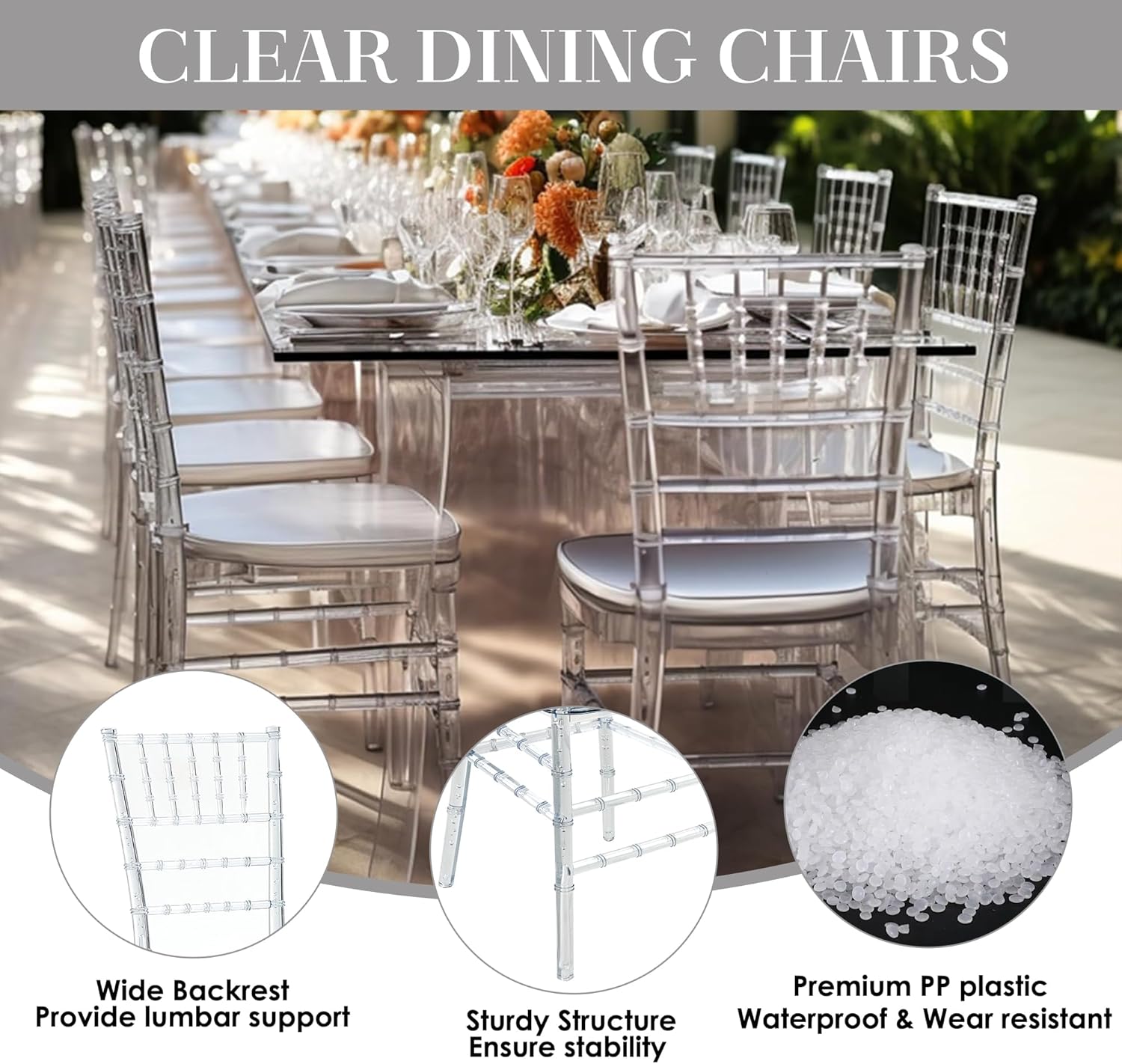 Clear Acrylic Chiavari Chairs, Modern Dining Chair Set of 8, Accent Event Ghost Chairs for Wedding Party Event Reception (Clear)