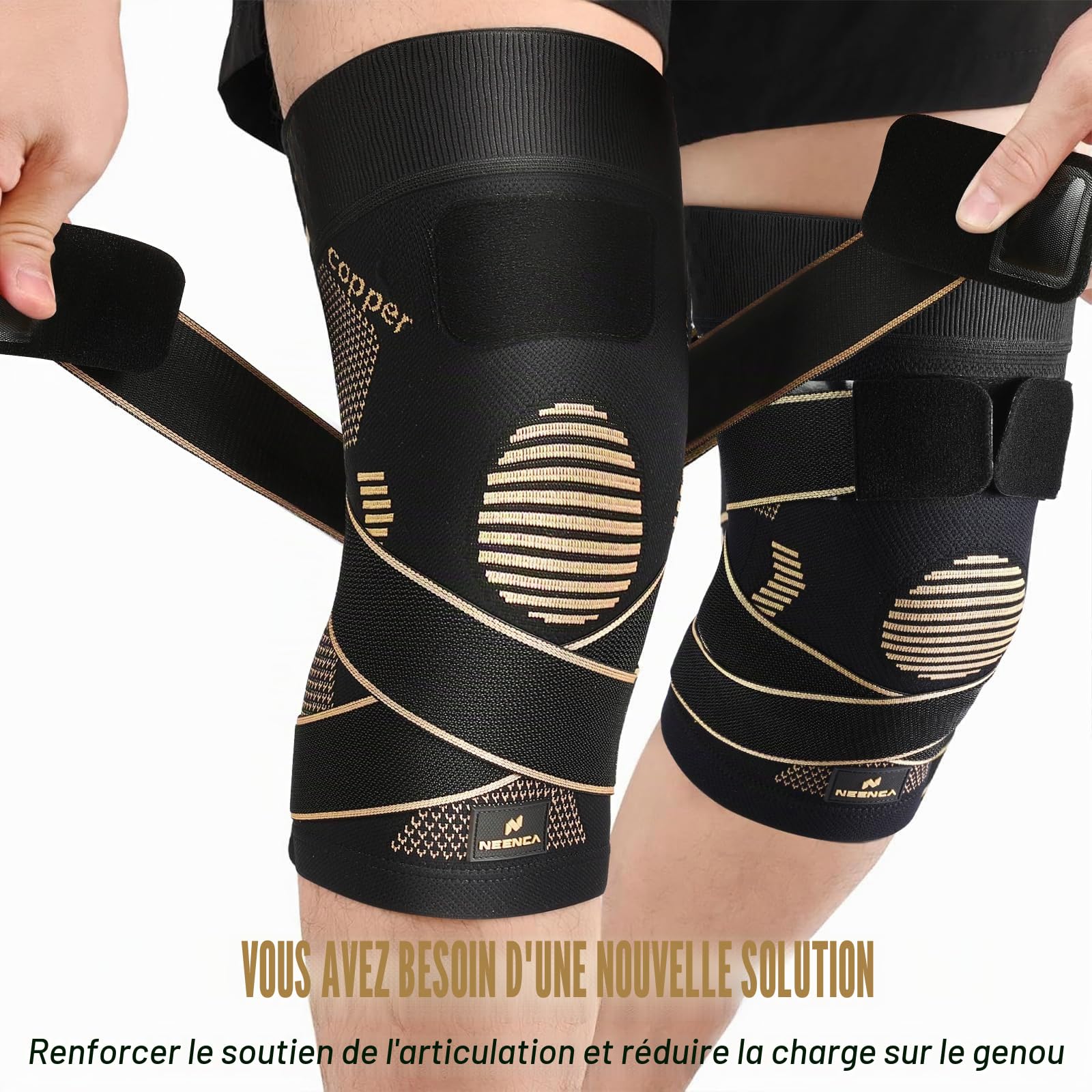 NEENCA Genouillère de compression en cuivre avec sangles pour femme/homme, pour douleurs au genou, arthrite et ligament croisé antérieur. Genouillère pour la course à pied et l'entraînement (unité)