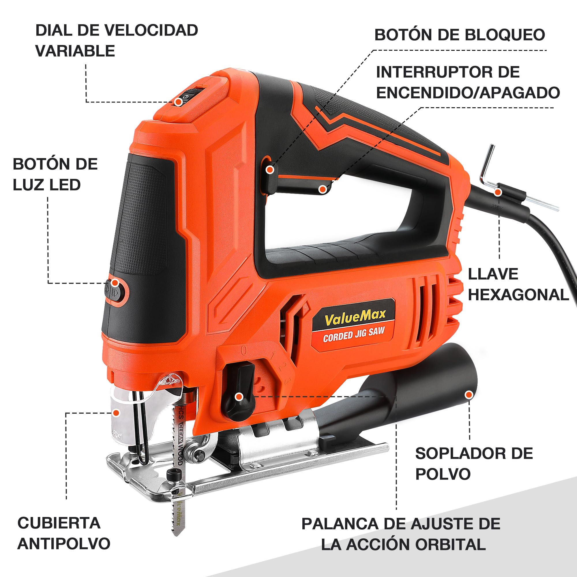 ValueMax Sierra Calar 850W, 6 Velocidades y 4 Modos Corte | Ángulo Ajustable ±45° con Soplado de Polvo, Luz LED y 6 Hojas Incluidas para Madera, Metal y Plástico