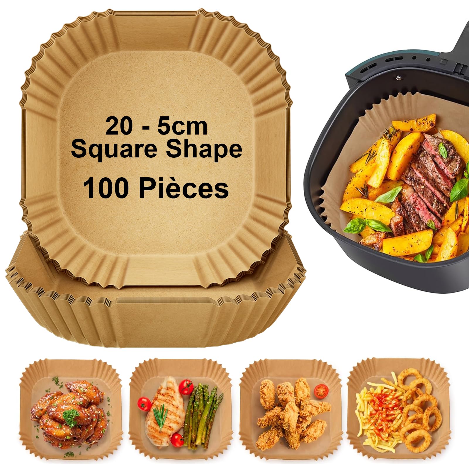 Shadowin Papel de horno para freidora de aire caliente, 5 – 7,5 L, 100 unidades cuadradas de 20 – 24 cm, antiadherente, desechables, freidora de aire, forro de papel pergamino, compatible con COSORI