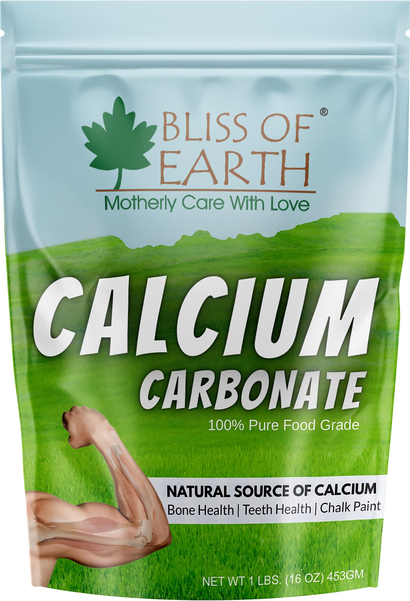 Bliss of Earth 16 oz Calcium Carbonate Powder Food Grade, For Strong Bones & Teeth, Natural Antacid 453GM