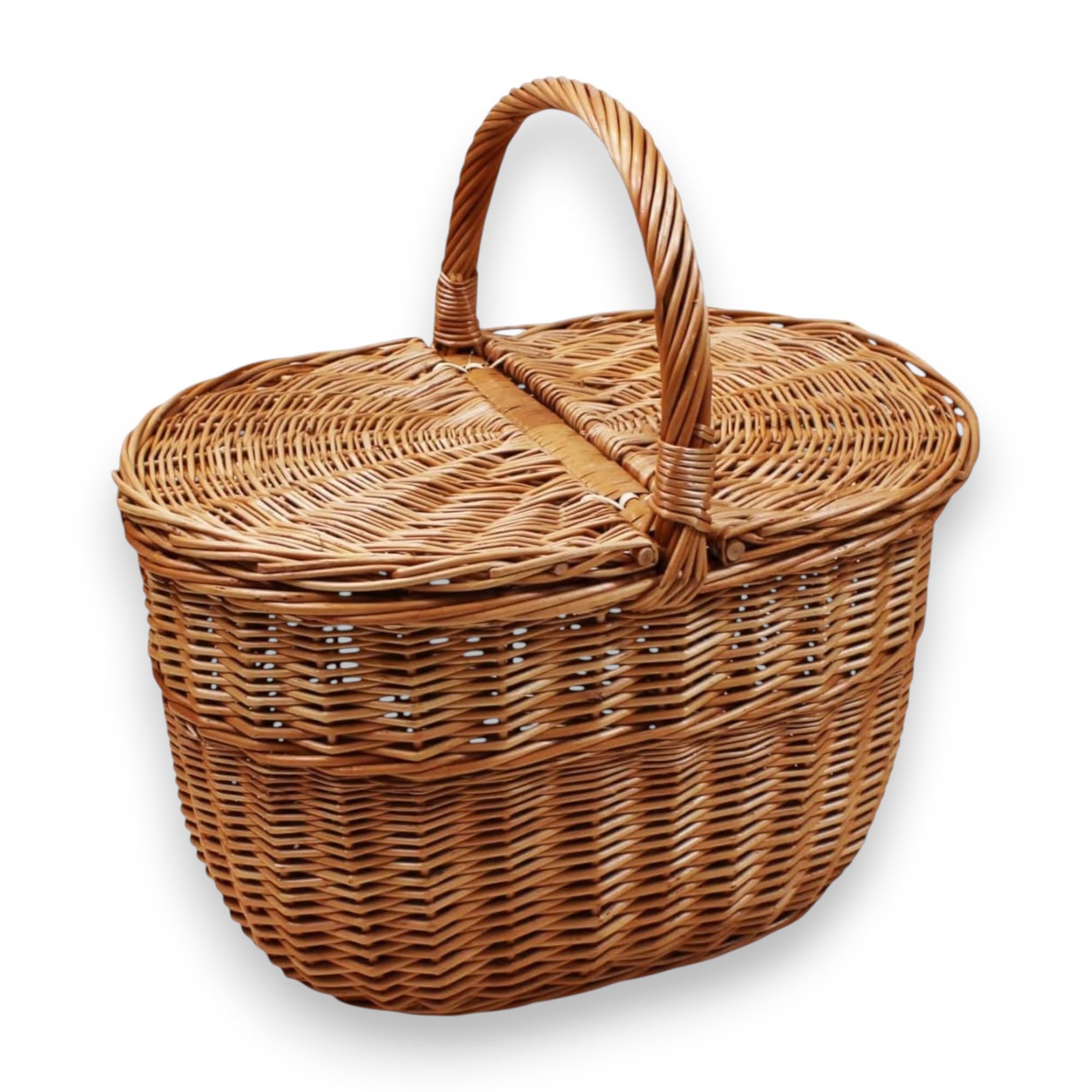KORAT - Cestino Picnic in Vimini con Coperchio Doppio Apribile, Cesto Porta Funghi e Picnic, Manico Robusto, Vimini Naturale, 40x32x37 cm