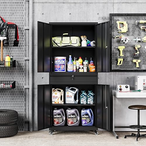 Vista 65 de MIIIKO Armario de almacenamiento de metal con puertas de bloqueo, armarios de acero con cerradura de garaje negro con 4 puertas y 5 estantes