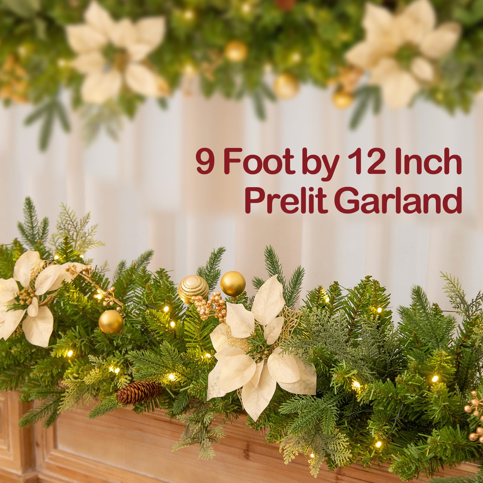 ENVEN Guirnalda de Navidad de 9 pies preiluminada con 50 luces LED, decoración artificial para escaleras, manto, puerta, guirnalda interior y exterior con temporizador que funciona con pilas (flor de