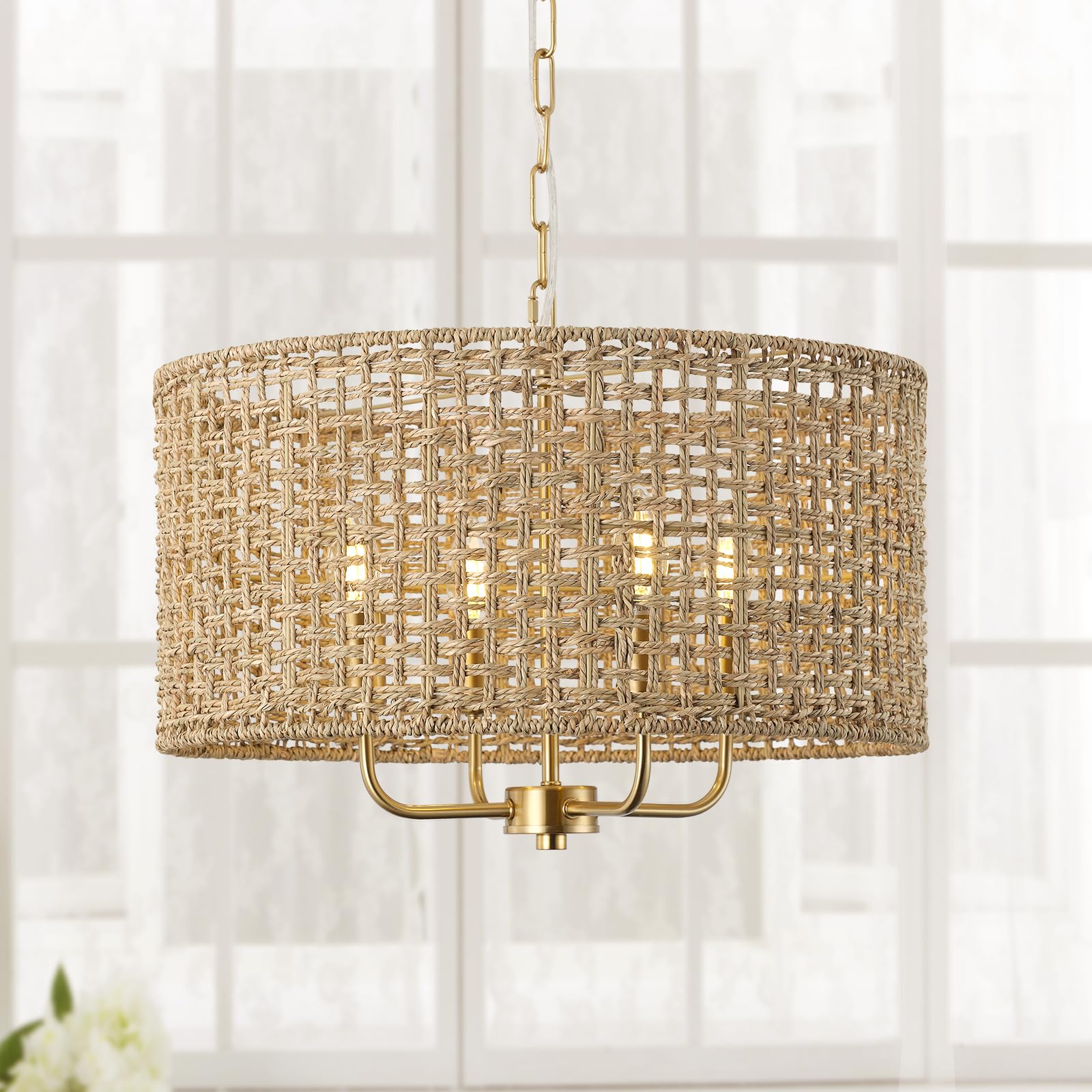 rattan drum chandeliers for dining room, 4-light bohemian hand-woven farmhouse pendant light dining room light fixture chandelier for entryway living room kitchen stairway bedroom hallway(gold)