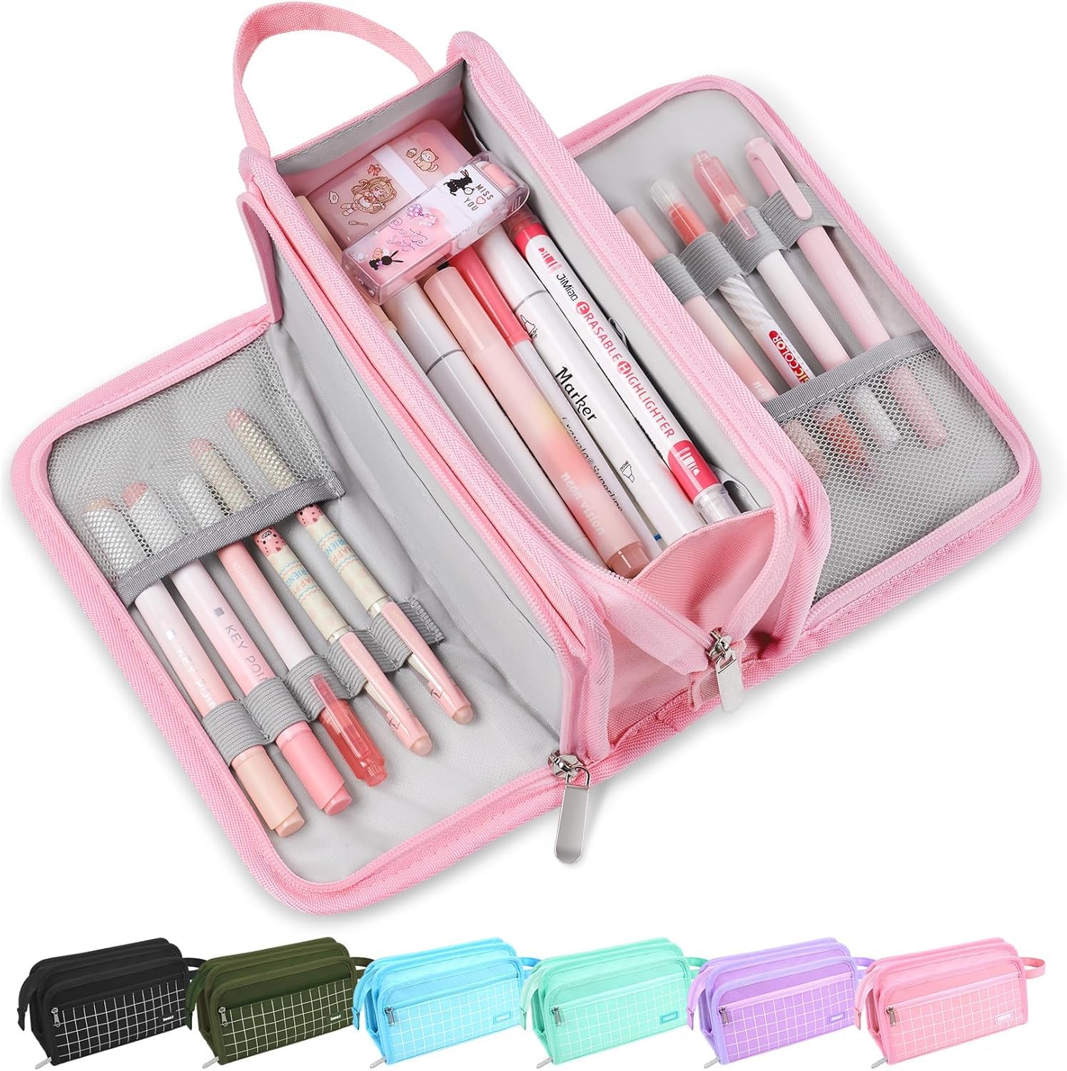 Zollyss Polyester Big Capacity Pencil Case High Large Storage Pouch Marker Pen Case Simple Stationery Bag School College Office Organizer for Teens Girls (Pink Checks)