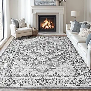 Lofus 8x10 Area Rugs for Living Room, Washable Area Rug, Rugs for Bedroom, Kitchen, Vintage Boho Carpet, Soft Non-Slip, Low Pile Large Area Rug for Office Dining Room, Floral Grey