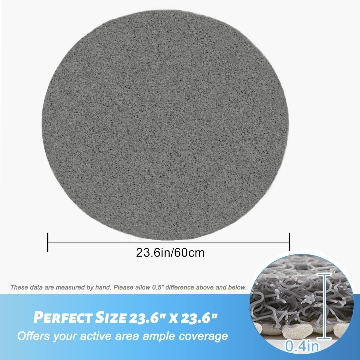 Tapis de douche rond, 60 cm, antidérapant, anti-moisissure, anti-bactérien, en Luffa, tapis de bain, en PVC, doux, pour salle de bain, pour salle de bain et zones humides (gris)