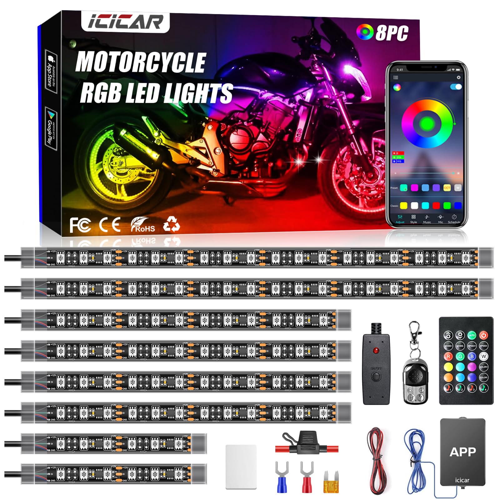 Amazon | icicar オートバイ LED アンダーグローキット 8個 APP/RF