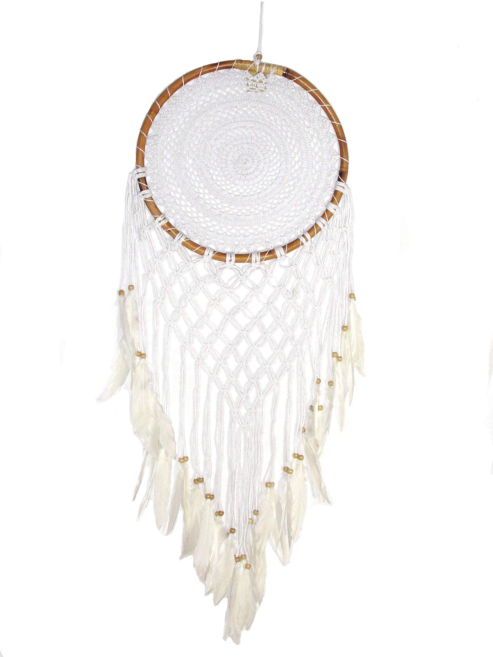 Großer Traumfänger Dreamcatcher gehäkelt weiss Ø 40cm mit Bambusrahmen und Makramee Wanddeko Raumschmuck Raumdeko Dekoaccessoire Mobilee-Aufhänger
