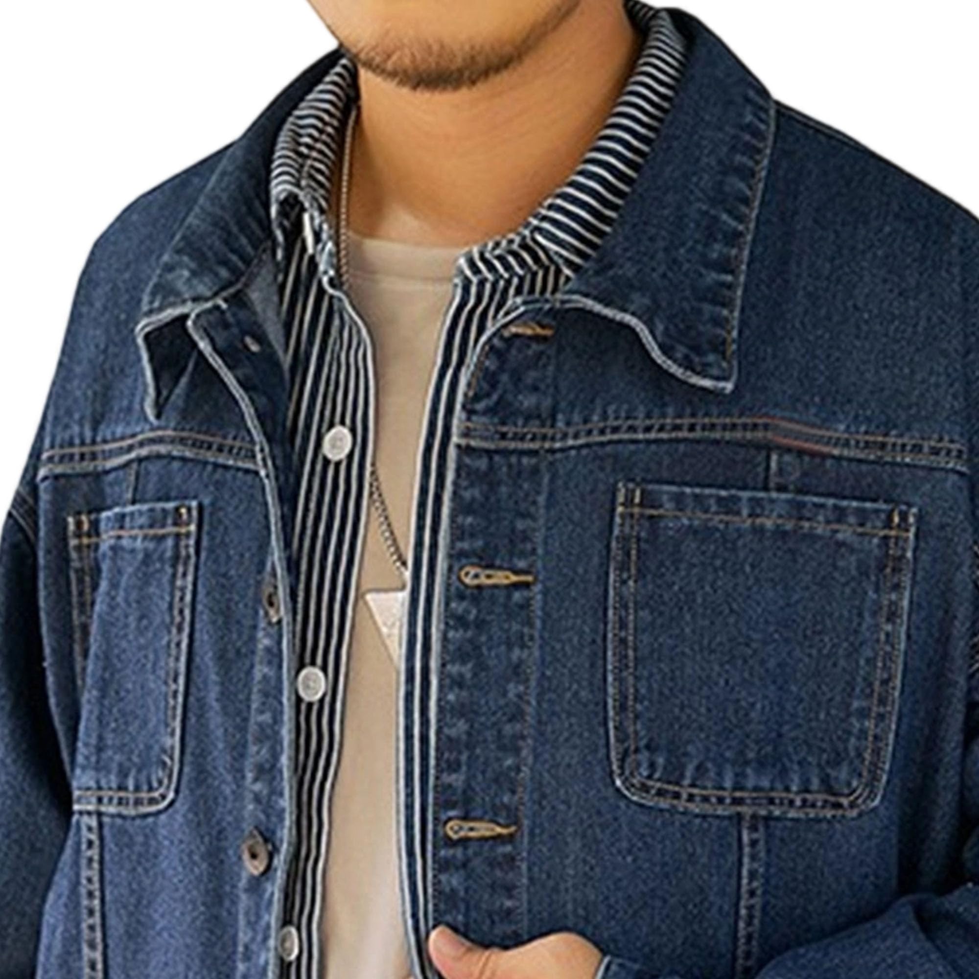 Giacca in jeans da uomo di ispirazione vintage con bottoni | Colletto da camionista con risvolto, doppie tasche frontali, taglie comode, vestibilità larga, giacca di jeans oversize per