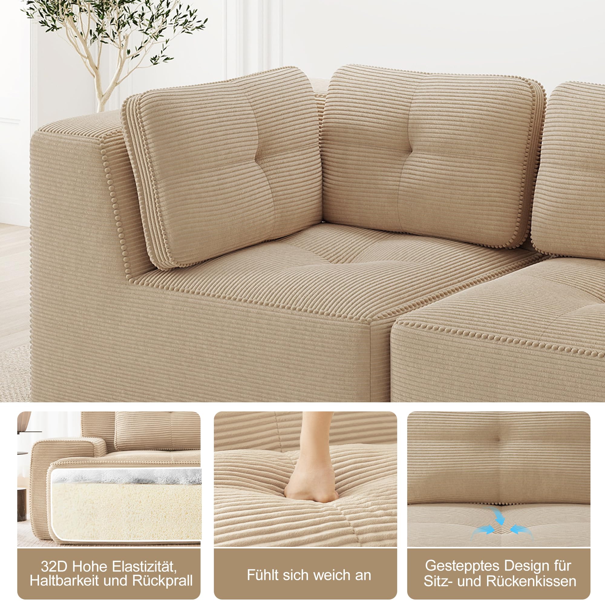 Bladez Sofá modular en forma de U, sofá de 3 plazas moderno de cordón con reposapiés, sofá de asiento profundo sin costuras sin montaje, sofá comprimido, para sala de estar (Beige, 3 plazas+2)