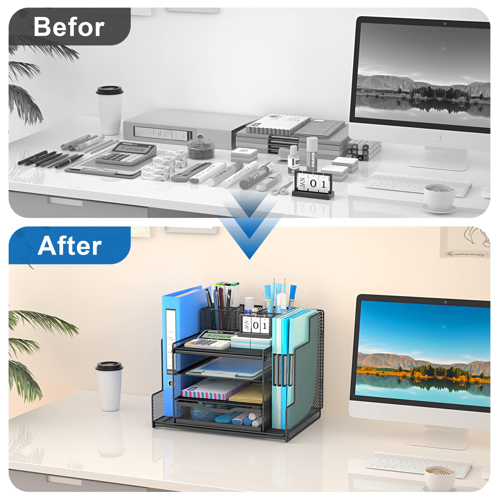 VIVSOL Desk Organizers and Accessories, 4-Tier Office Supplies Desk Organizer with 2-File Organizer with Sliding Drawer, 3 Trays and Large Capacity Pen Holder, Mesh Desk Accessories, Black