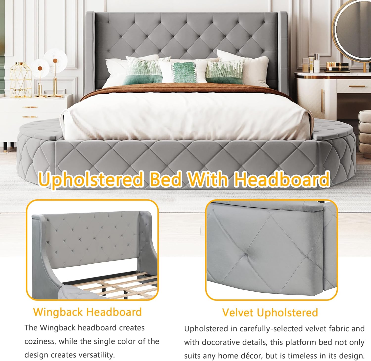Bellemave Velvet Upholstered Queen Platform Bed with Storage, Queen Size Bed Frame with Headboard, 1 Big Drawer and 2 Side Storage Stool, Strong Wooden Slats/Easy Assembly (Grey)