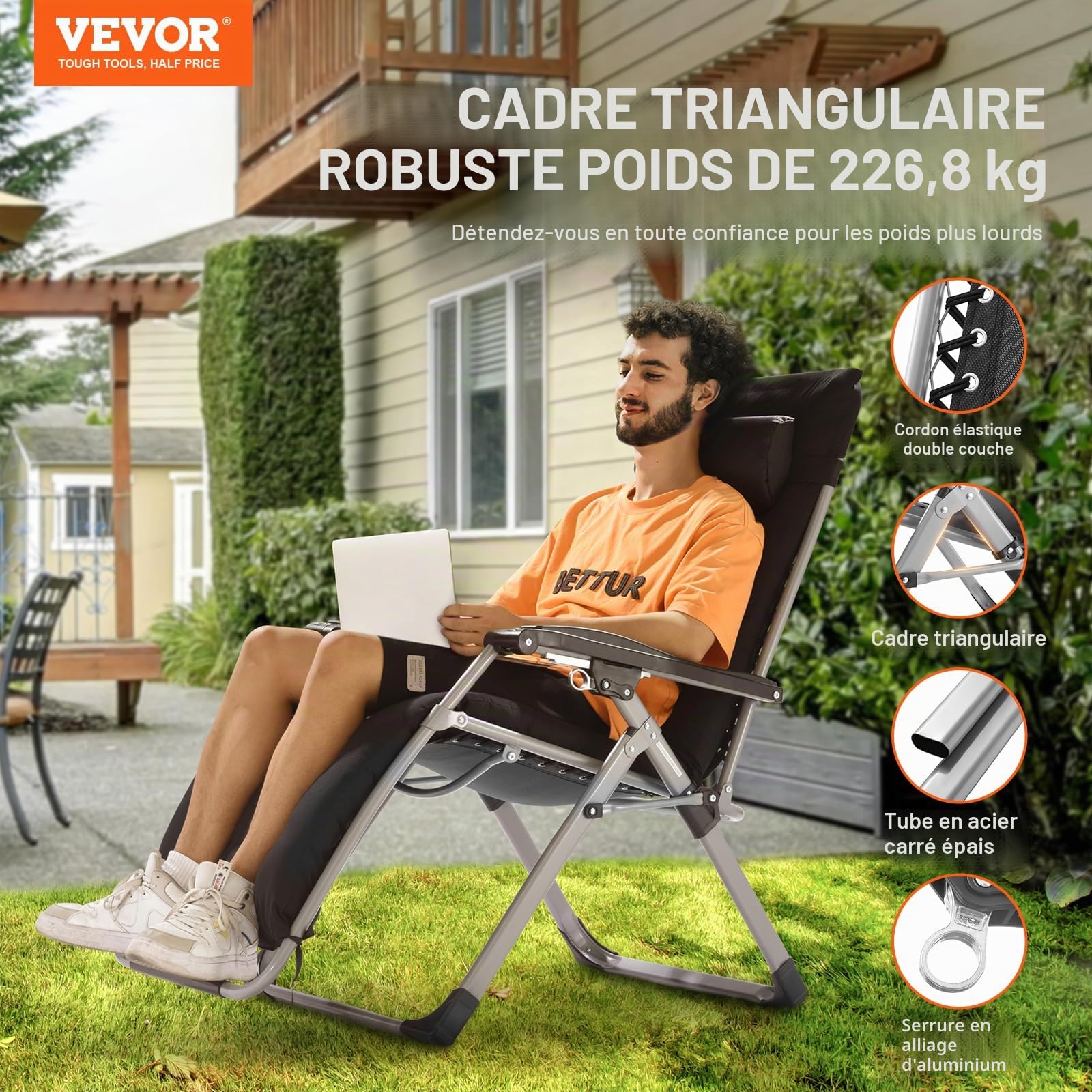 VEVOR Fauteuil Inclinable Zéro Gravité, 645 mm, Transat Relax Jardin pour Intérieur Extérieur, Chaise Longue Anti-gravité Réglable avec Coussin, Appui-tête, Repose-pieds, Porte-gobelet, 226,8 kg, Noir
