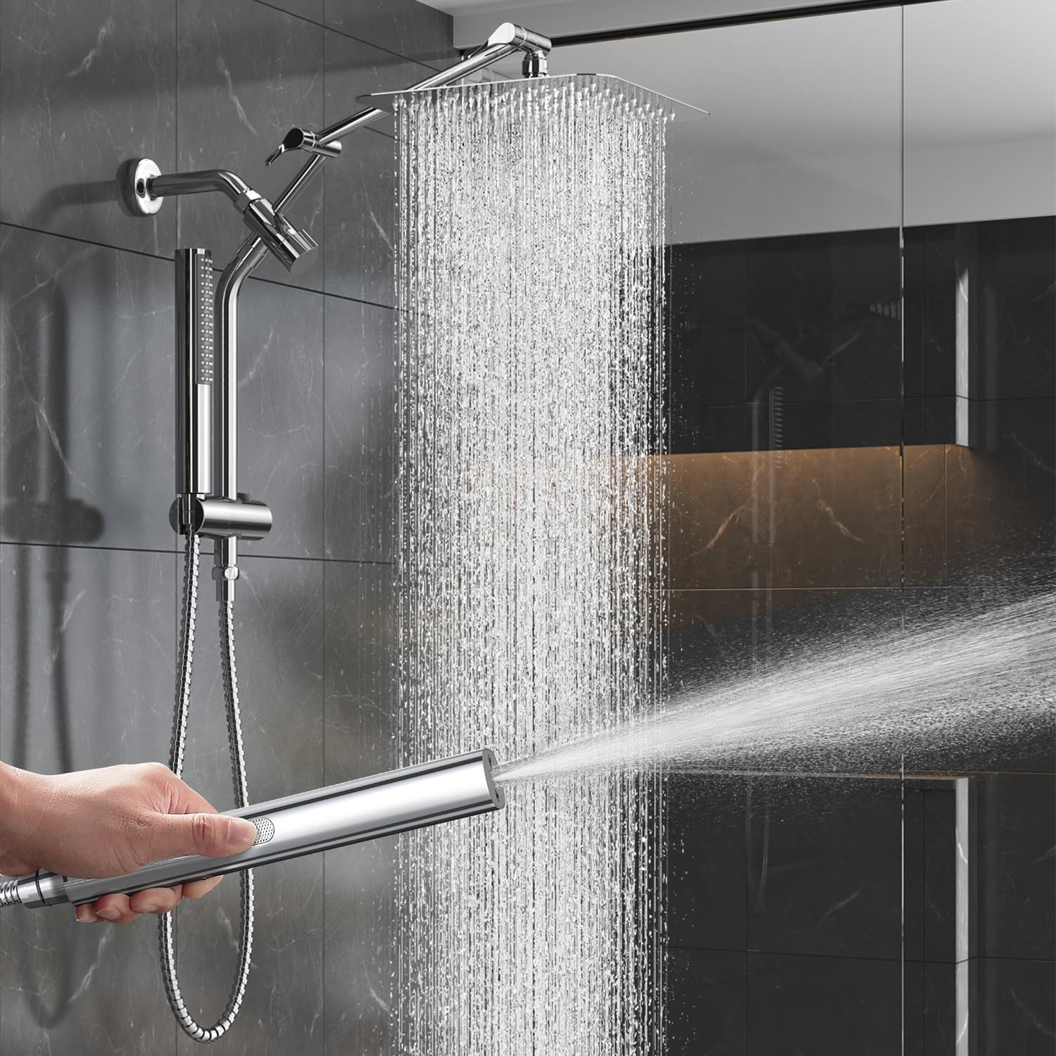 veken 10" luxurious rain shower head with handheld, high pressure rainfall shower heads wih extension arm, wide dual showerhead with spray combo, bathroom accessories, chrome, silver