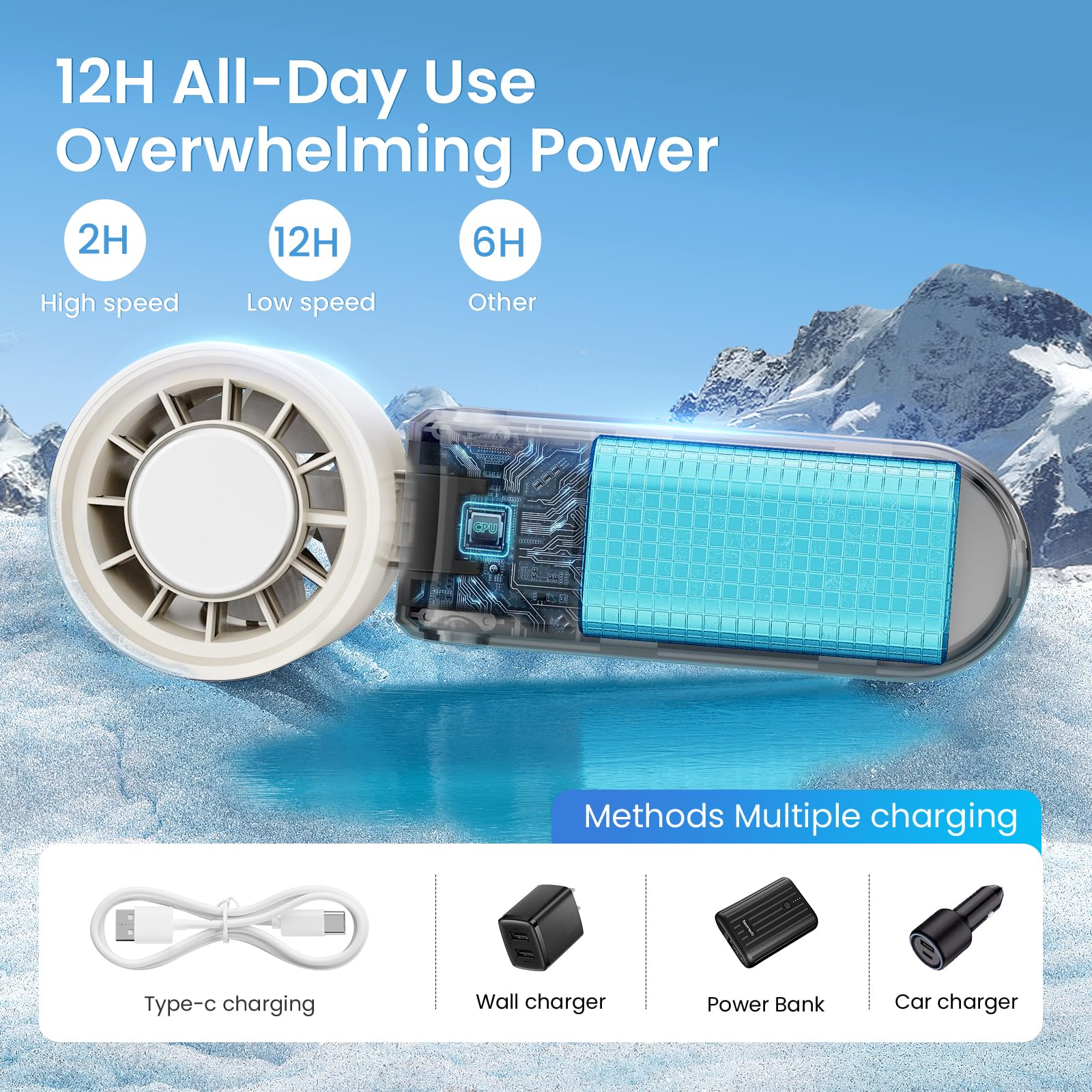 PKBD Mini ventilateur portable, ventilateur pliable 5 vitesses, Turbo refroidissement, 45 dB ultra-doux, LED, ventilateur USB rechargeable pour bureau/extérieur, blanc