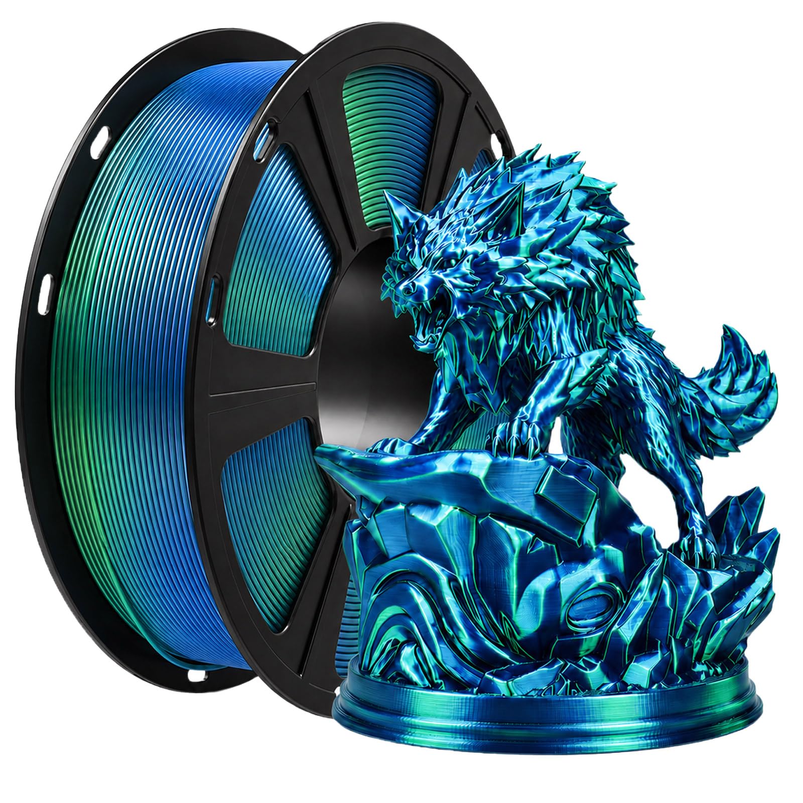 Dual Color Silk PLA Filament 1.75mm Blue Green 1KG, Shiny High Gloss Finish, Seamless Color Transition, Neatly Wound, Accuracy +/-0.02mm Vacuum Packaging