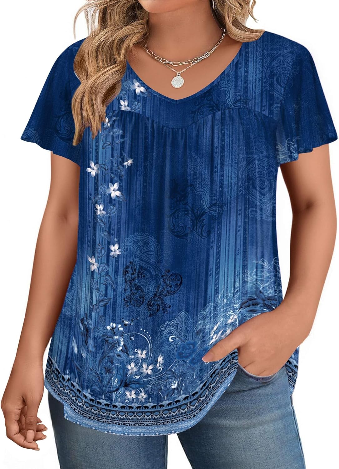 IN'VOLAND Plus Size Womens Ruffle Sleeve Tunic Tops V Neck Summer Shirts Floral Print Tops Dressy Blouse