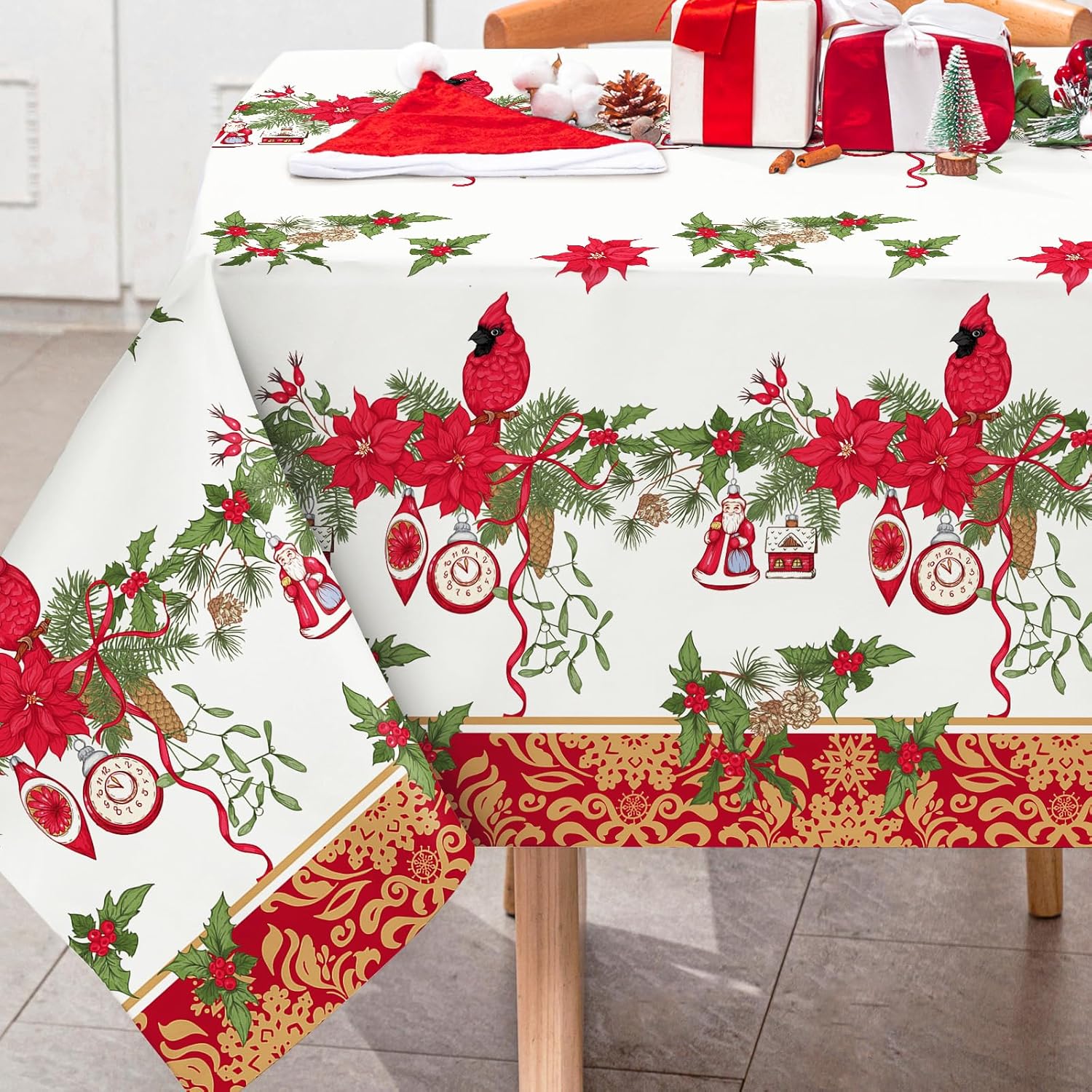 AnyDesign Christmas Table Cover Vintage Pine Bird