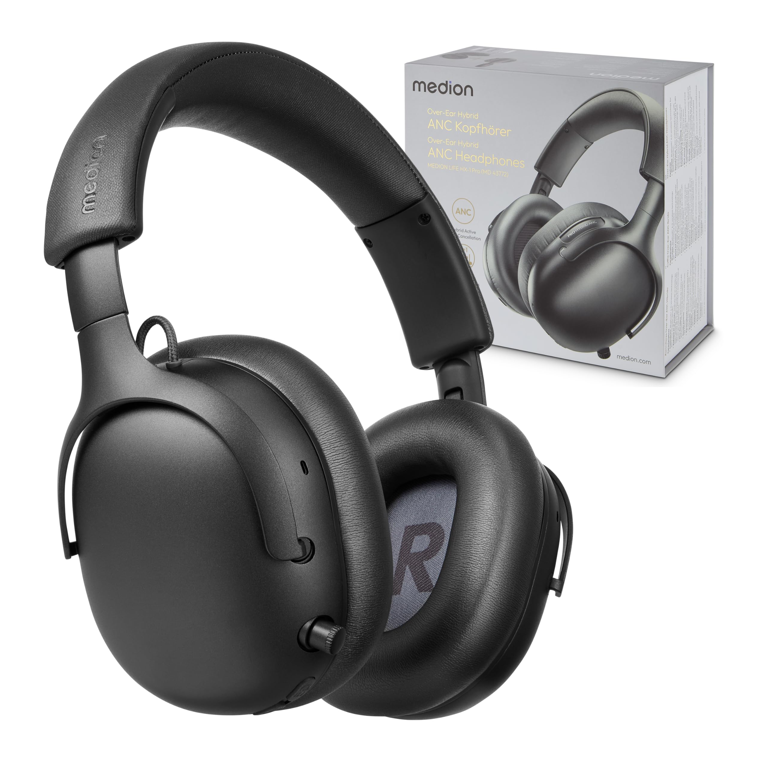 MEDION Over Ear Kopfhörer HX-1 Pro (kabellos, Hybrid Active Noise Cancelling ANC, Bluetooth 6.0, Wireless, 7+1 EQ Presets, bis zu 190 Stunden Akkulaufzeit, IPX4 Spritzwasserschutz) urban anthrazit