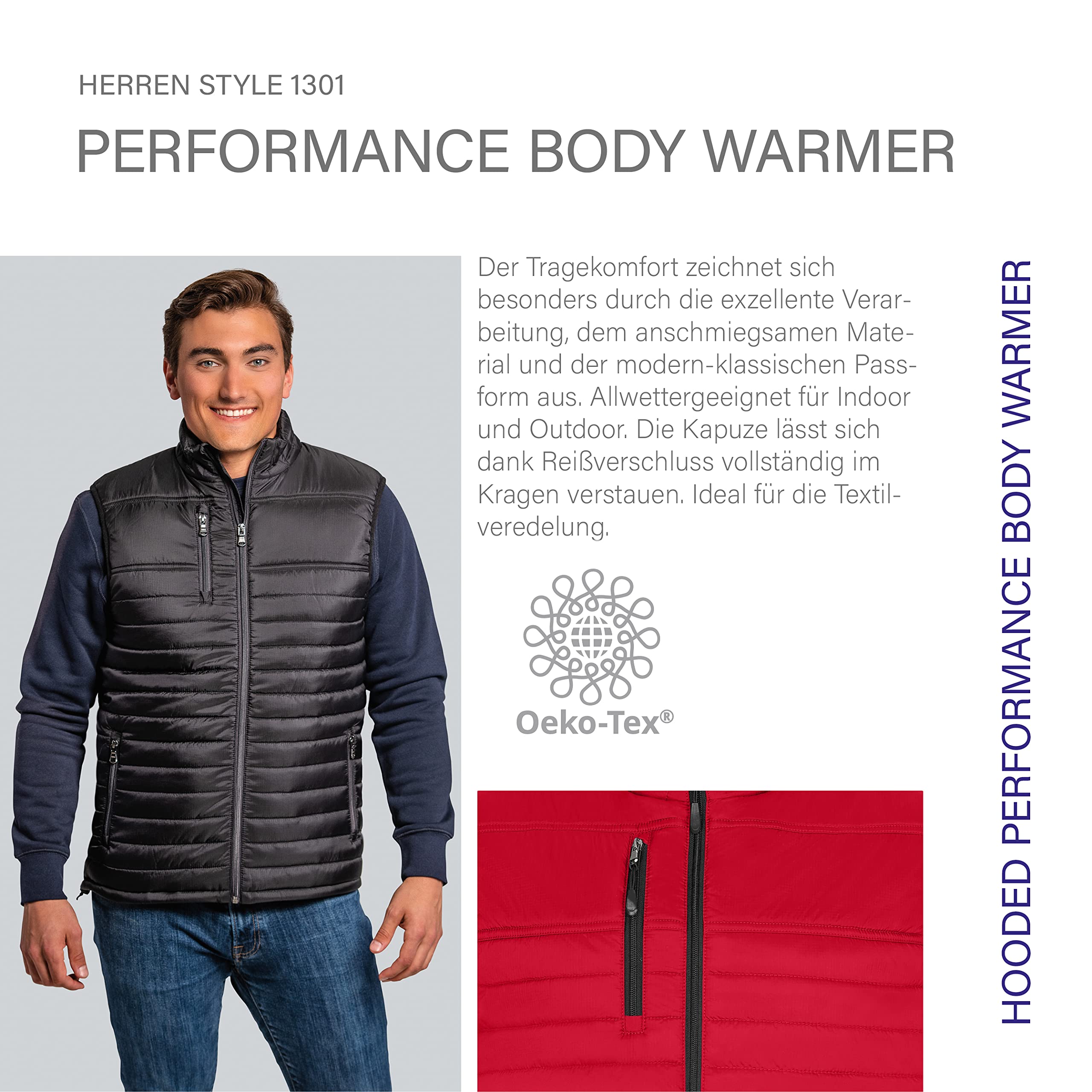 HRM Herren 1301 Herren Hooded Performance Body Warmer I Fair Trade Outdoor Weste Herren, 100 g/m² I Aus 100% leichtem & robustem Polyamid