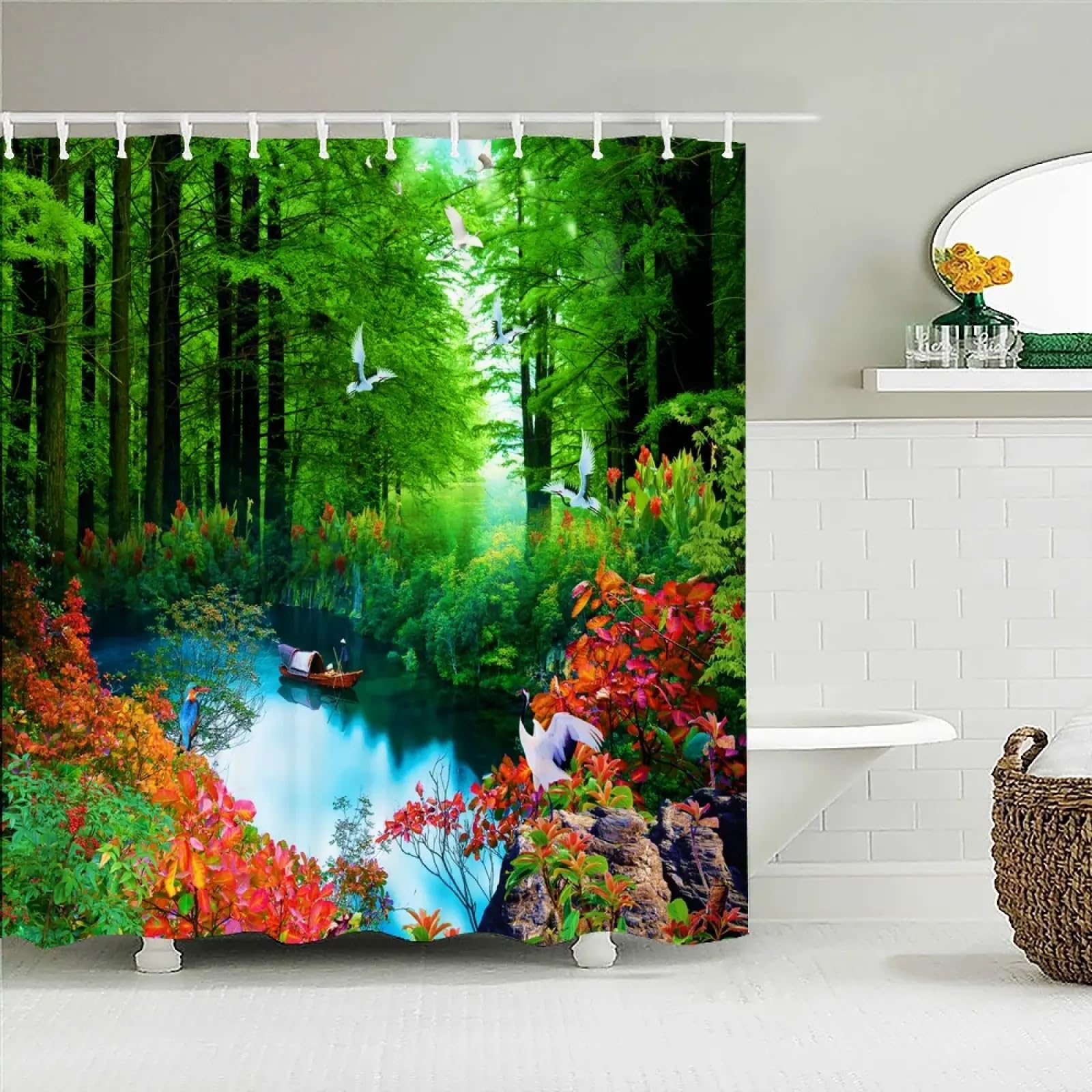 Rideau de douche paysage naturel imprimé vert jungle pour décoration de salle de bain