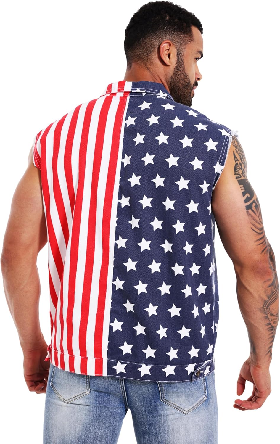 Men's American Flag Denim Vest Casual Retro Lapel Sleeveless Jean Jacket Shirt Loose Fit Biker Vest - Image 3