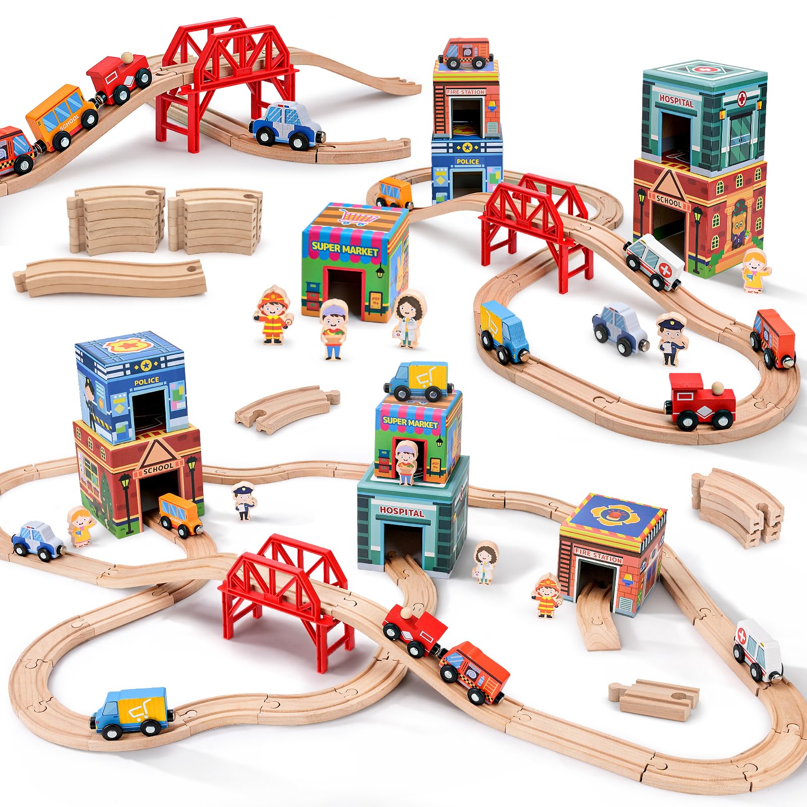 Dreamon 40 Pièces Set de Train en Bois Urbain pour Âges 3+, Rails de Train