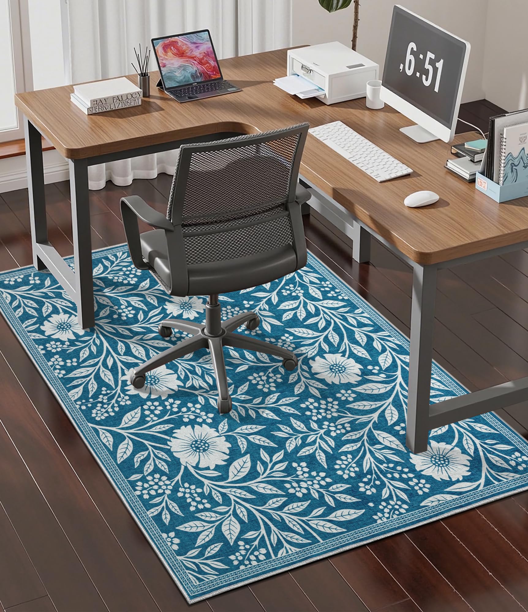 chakme Office Chair Mat for Hardwood Floor, 48"x36" Easy Glide Computer Desk Mat Protector for Rolling Chair Under Desk Rug Nonslip Backing, Machine Wash, (Blue Flowers)