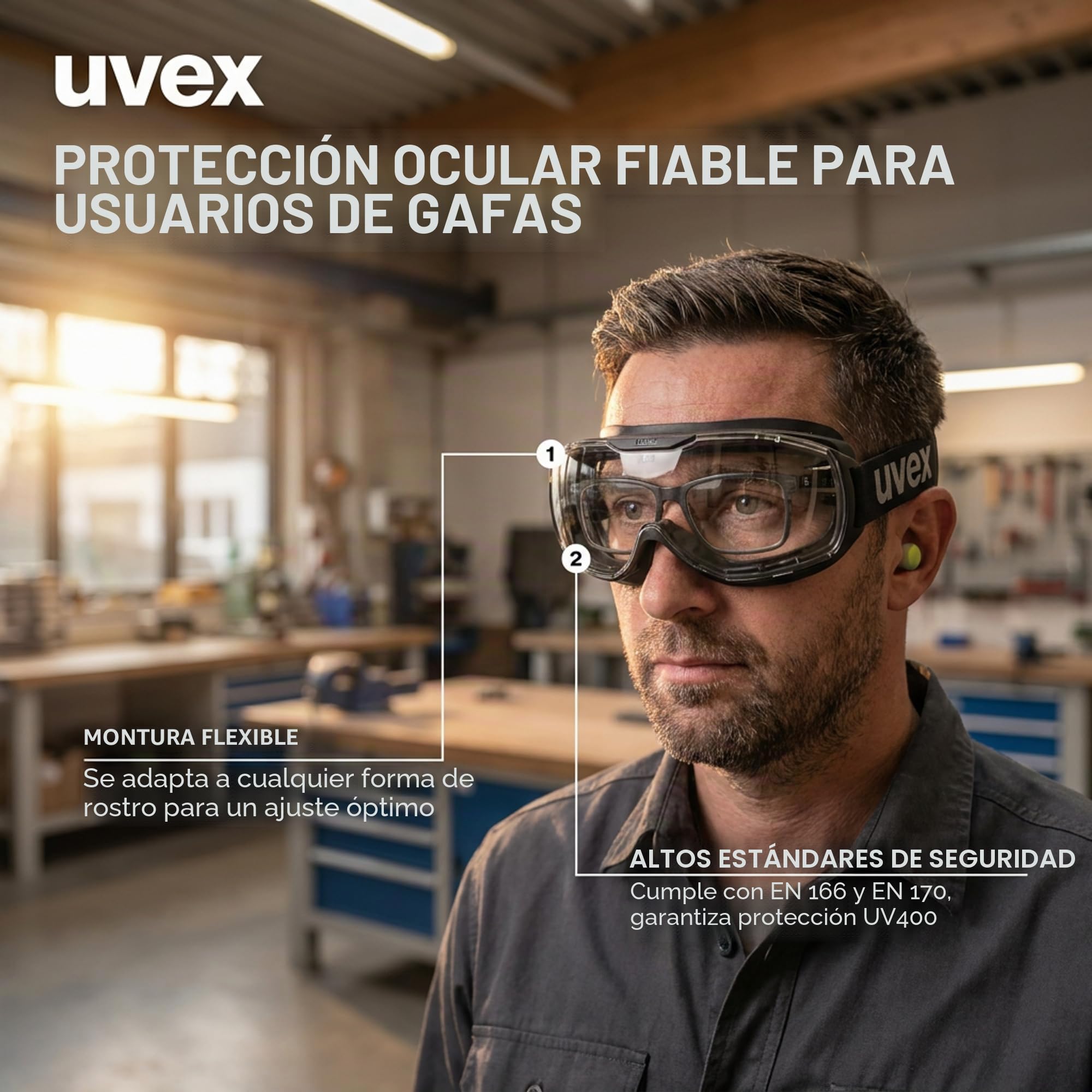 Gafas megasónicas Uvex para gente que usa gafas, sin niebla y resistentes a los arañazos