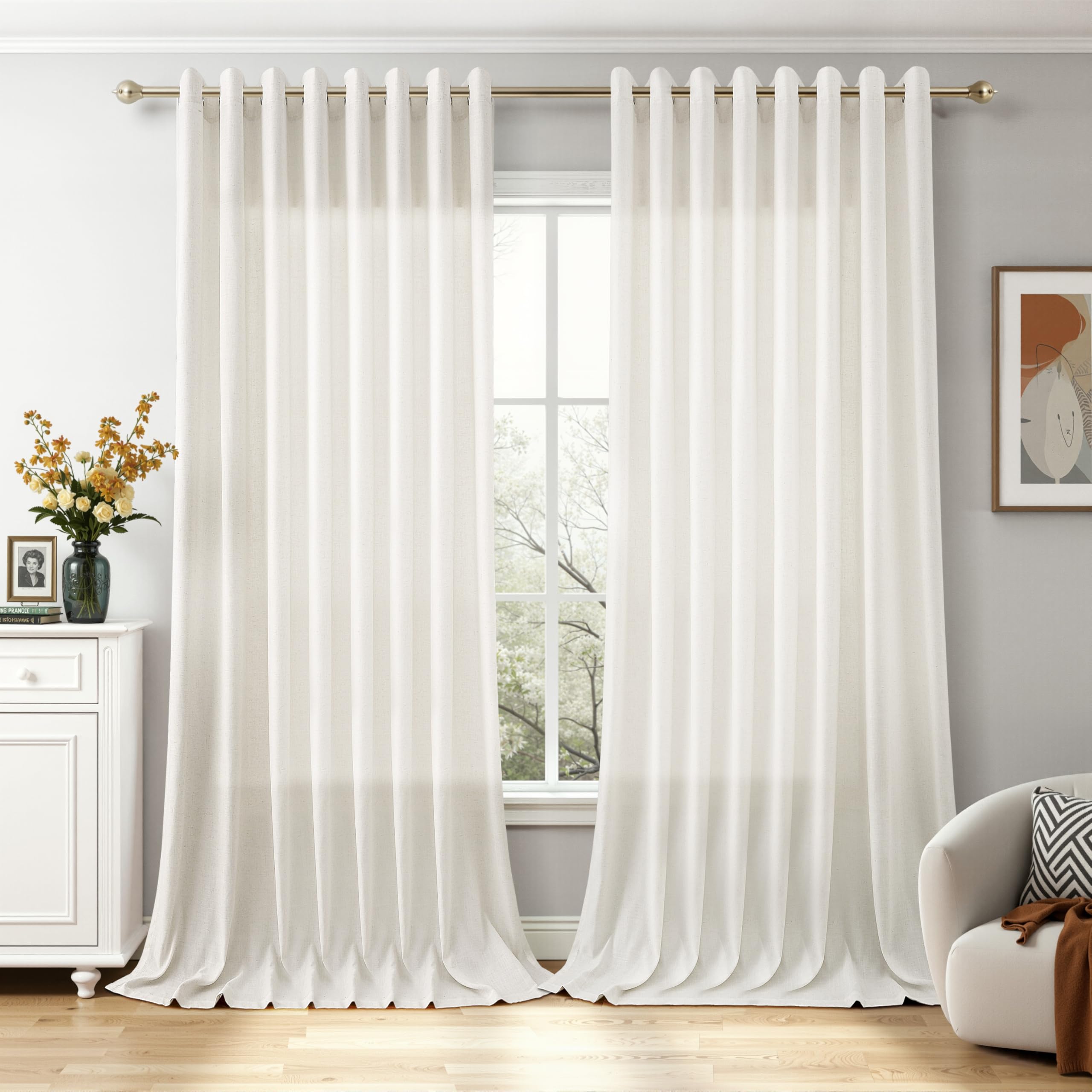 Nanspring Linen Extra Wide Curtains 102 Inch for Living Room Grommet Cream