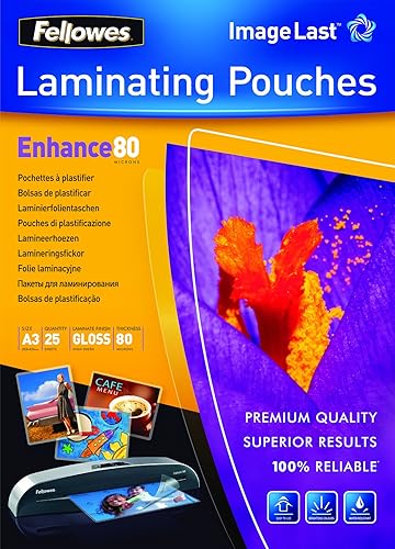 Fellowes Bolsas de laminación A3, acabado brillante, 25 hojas, acabado de 160 micrones con marca de calidad direccional ImageLast - Ideal para fotos