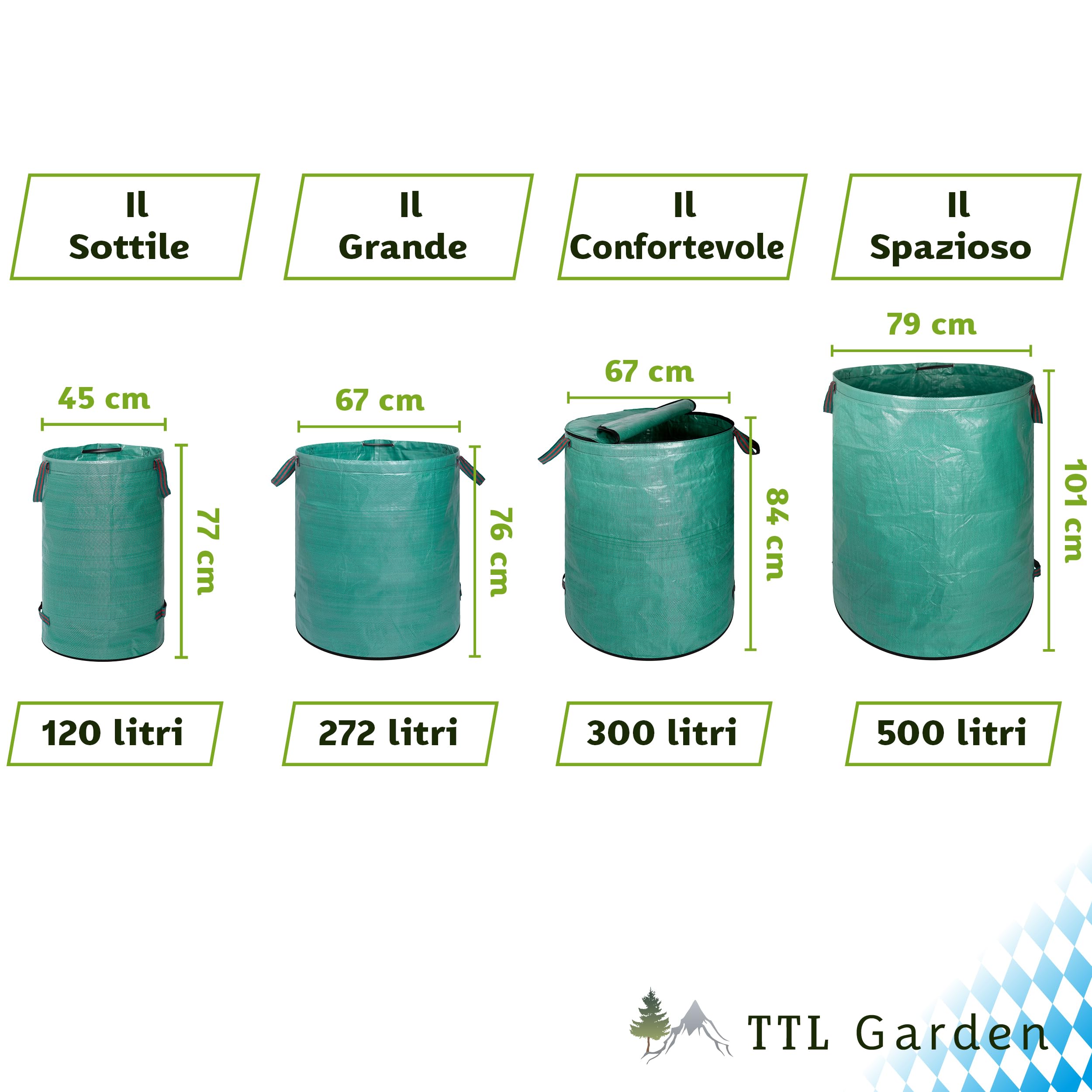 TTL GARDEN 6 sacchi da giardino da 272 l, doppio fondo extra stabile, 4 manici, 150 g/mq, robusti e pieghevoli, set da 6 pezzi da 272 litri, sacco da giardino per fogliame, siepe, rifiuti da giardino